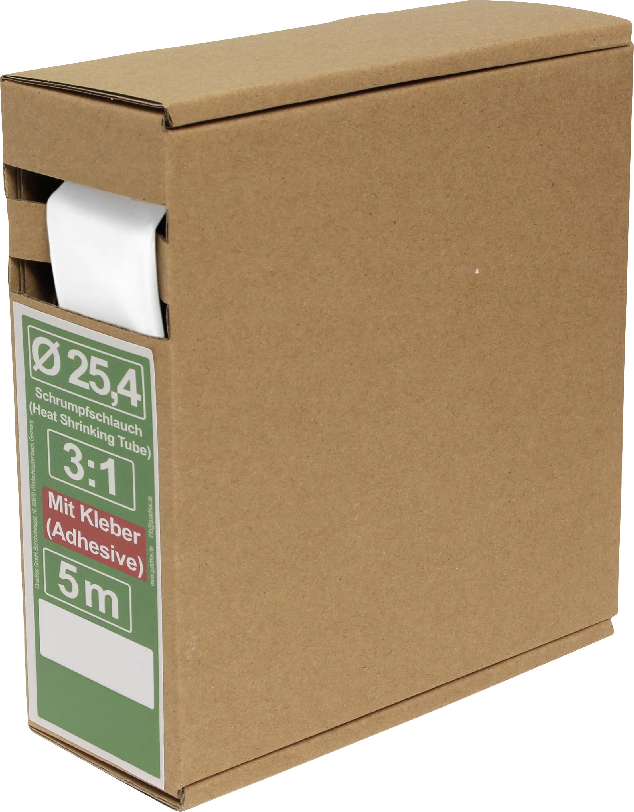 Boîte en carton marron avec une étiquette indiquant 'Ø 25,4, Gaine thermorétractable, 3:1, Avec adhésif, 5m.' Un tube blanc est partiellement visible à l'ouverture.