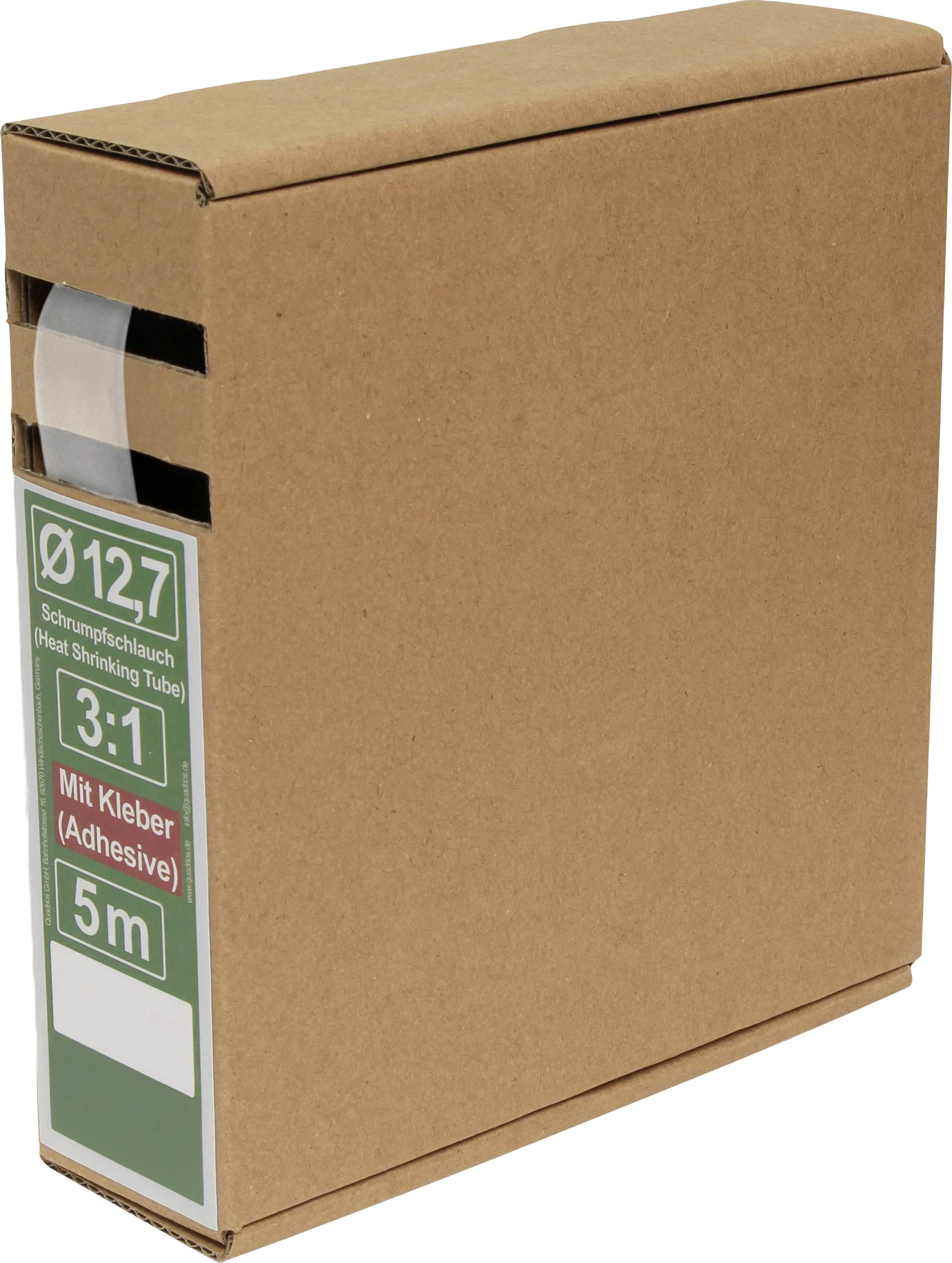 Une boîte en carton marron avec une étiquette indiquant 'Ø12.7 Gaine thermorétractable 3:1 Avec adhésif 5m'.