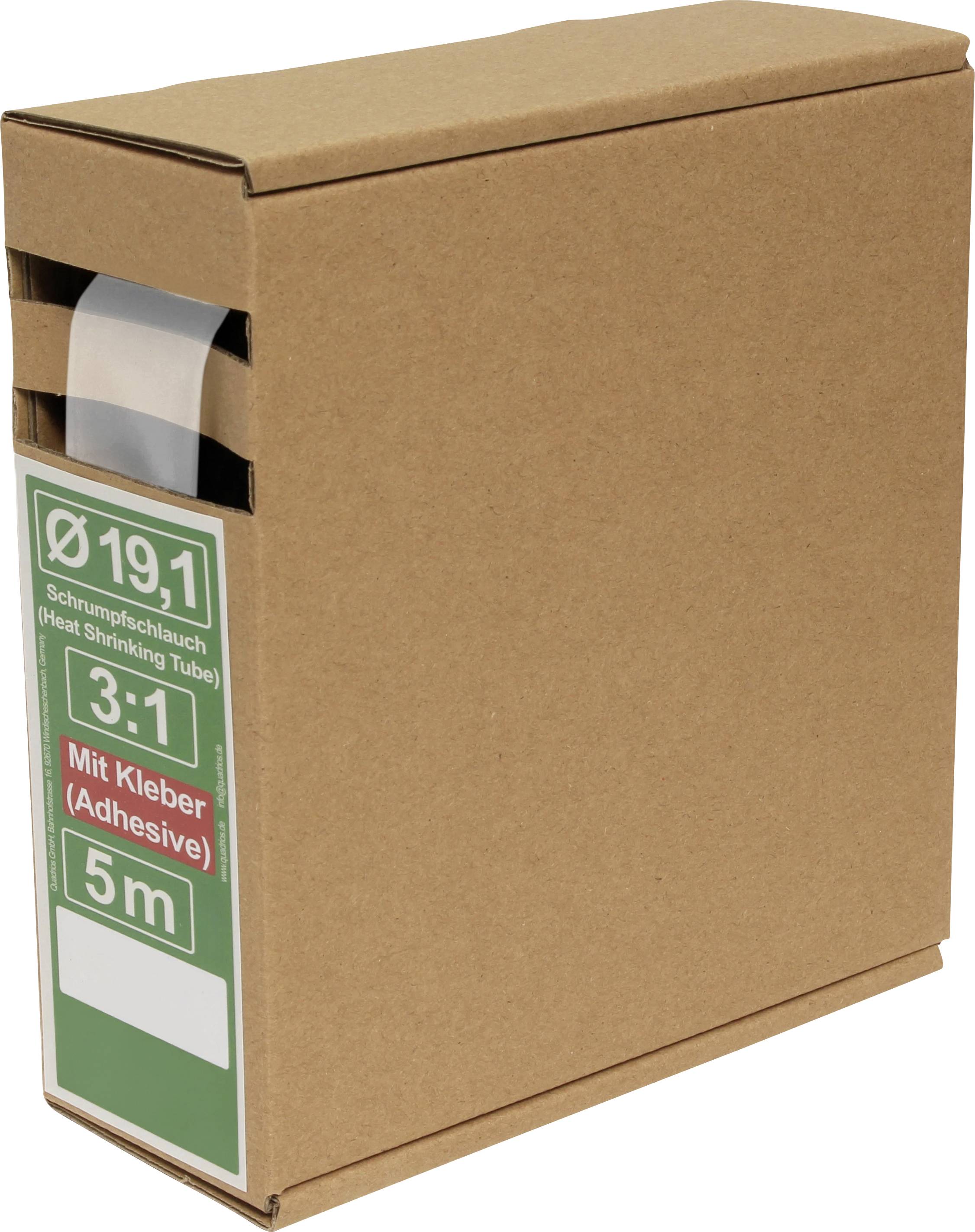 Un carton contenant un tube thermoretractable avec adhésif, diamètre 19,1 mm, rapport de rétrécissement 3:1, longueur 5 mètres.