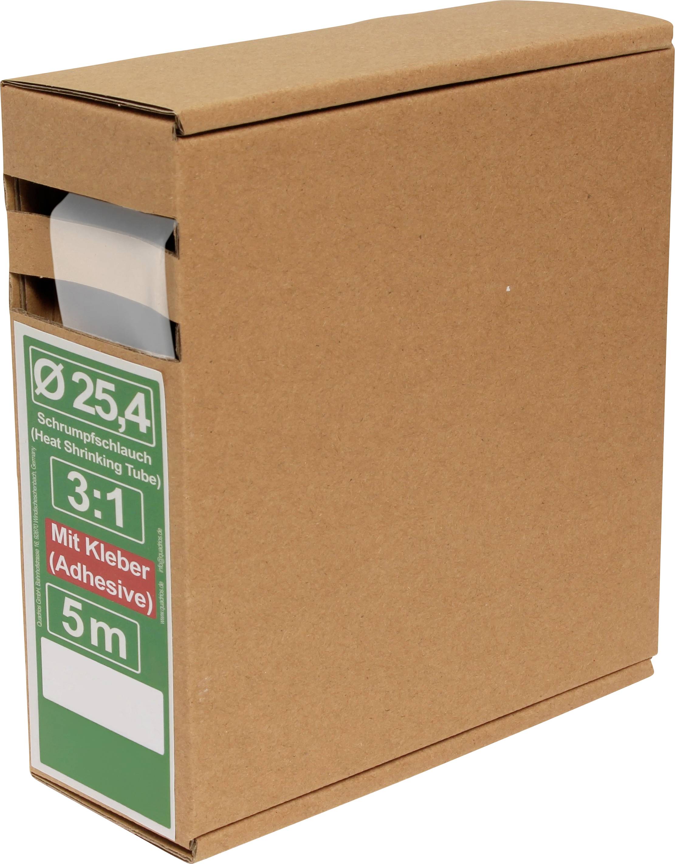 Un carton étiqueté « Gaine thermorétractable », rapport 3:1, diamètre de 25,4 mm, longueur de 5 mètres, avec adhésif inclus.