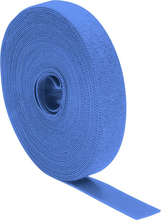 Un rouleau de ruban auto-agrippant bleu, partiellement déroulé, utilisé pour la gestion et l'organisation des câbles.