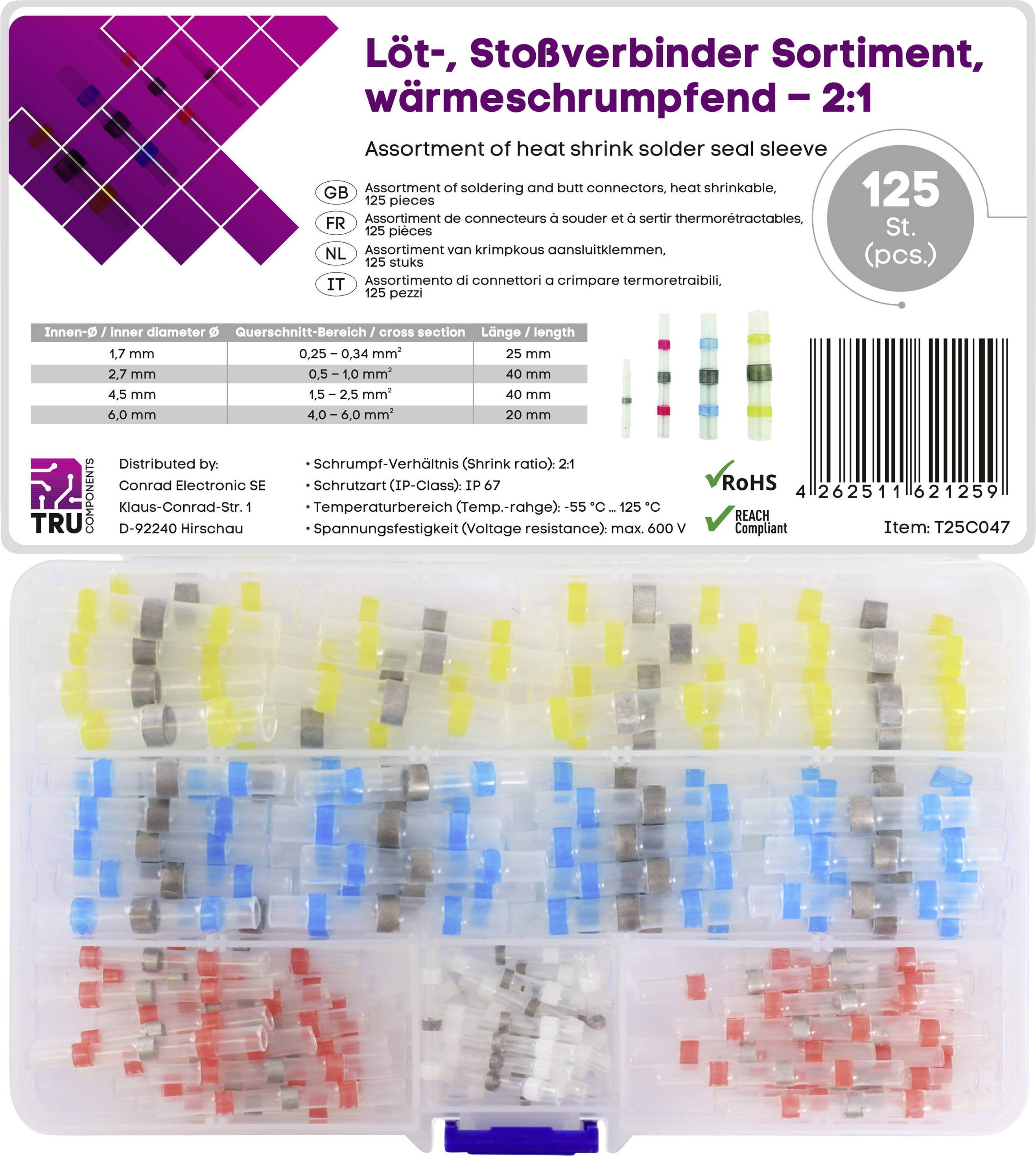 Assortiment de manchons thermorétractables de connexion soudés, présenté sur l'emballage avec un ensemble de connecteurs colorés dans un boîtier transparent.