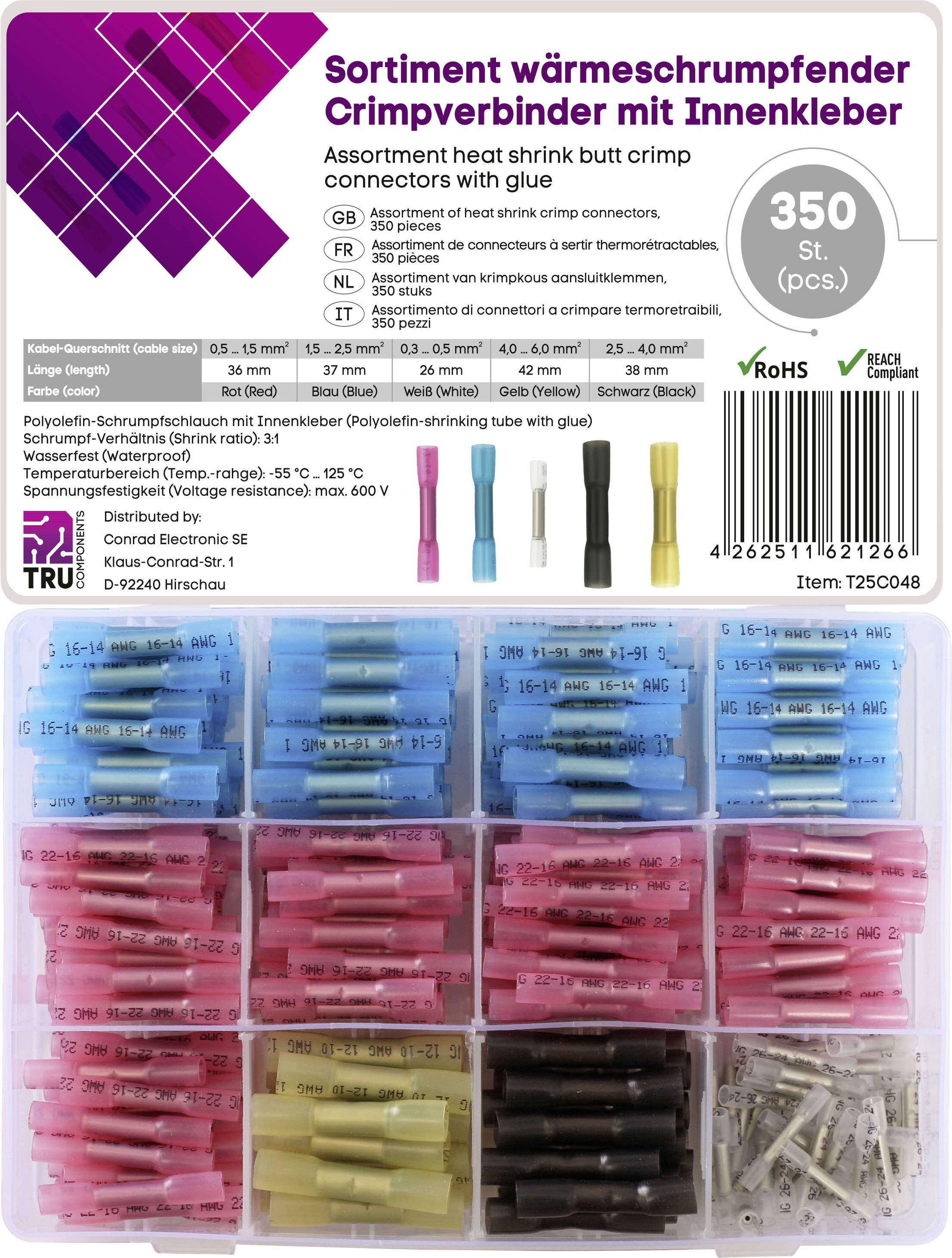 'Assortiment de connecteurs à sertir à bout thermorétractables avec colle, 350 pièces, dans différentes couleurs et tailles, avec 24 compartiments dans un boîtier en plastique.'