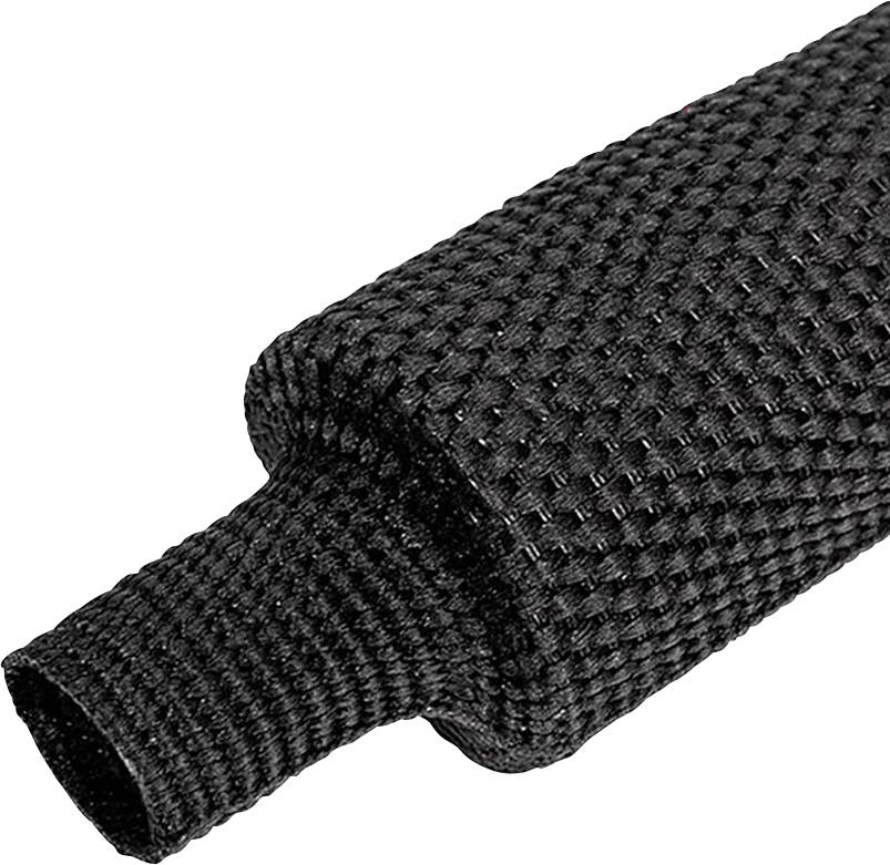 Un gros plan d'une gaine tressée extensible noire utilisée pour la gestion des câbles, mettant en valeur sa surface texturée et sa flexibilité.