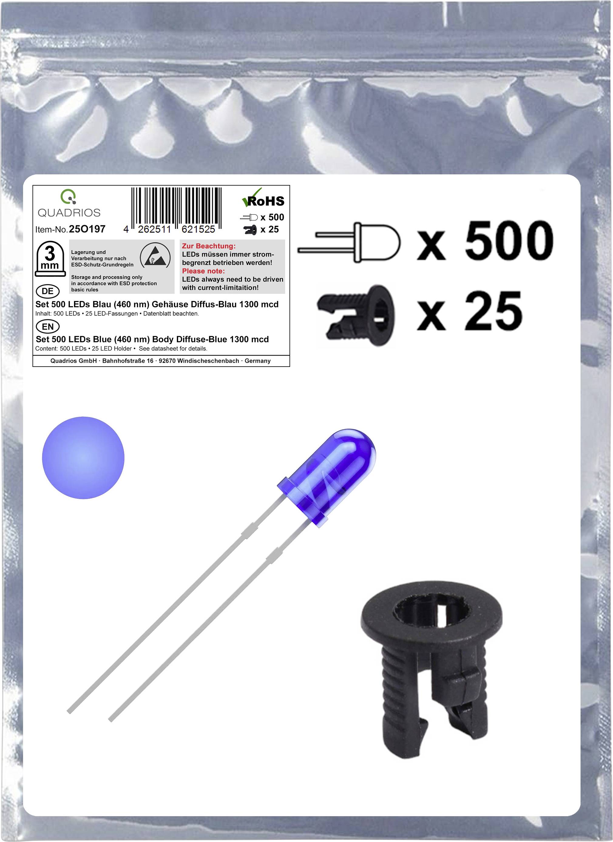 Quadrios 25O197 Assortiment de LEDs bleu rond 3 mm 1300 mcd 20 mA 3.0 V