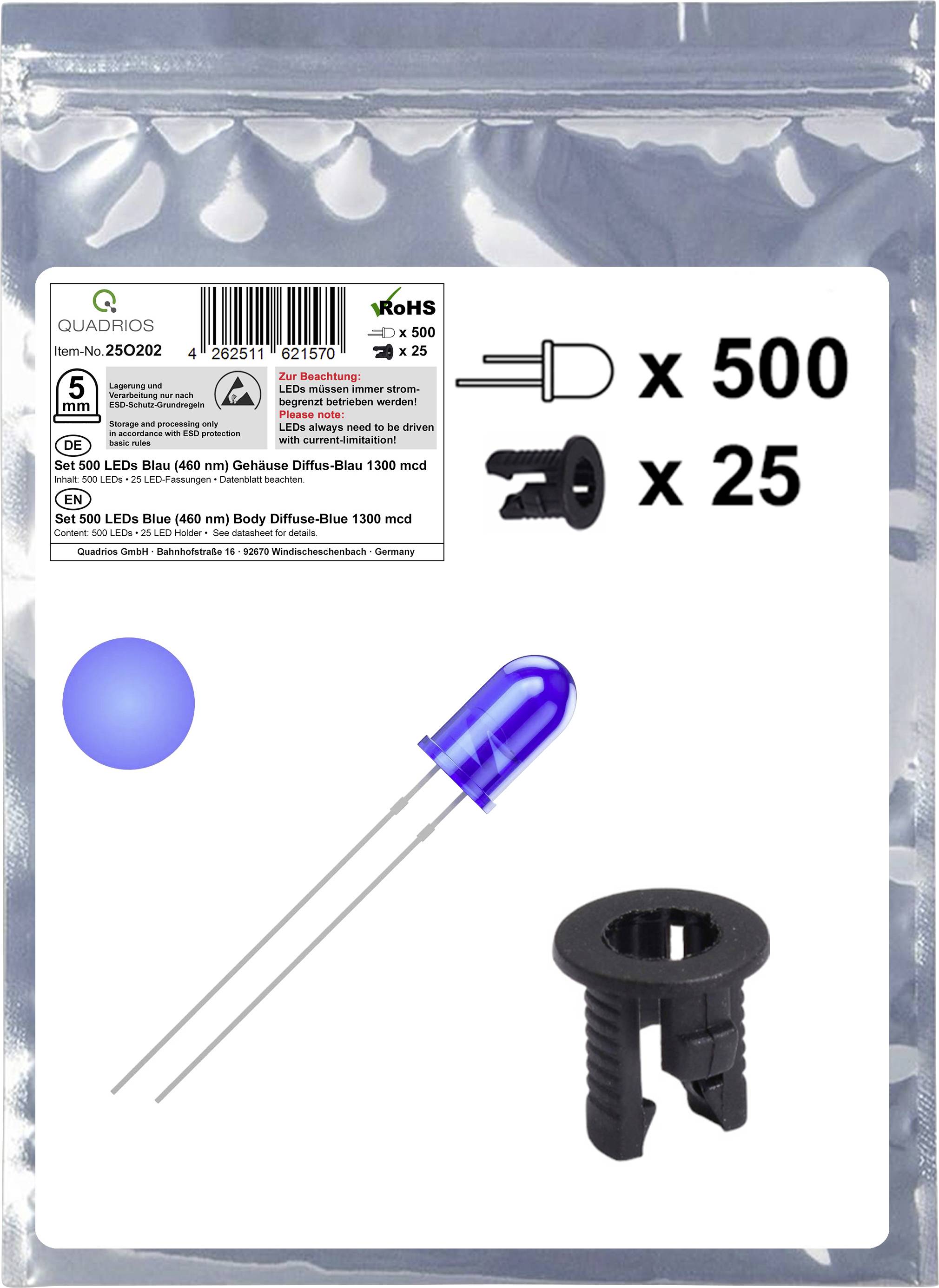 Quadrios 25O202 Assortiment de LEDs bleu rond 5 mm 1300 mcd 20 mA 3.0 V