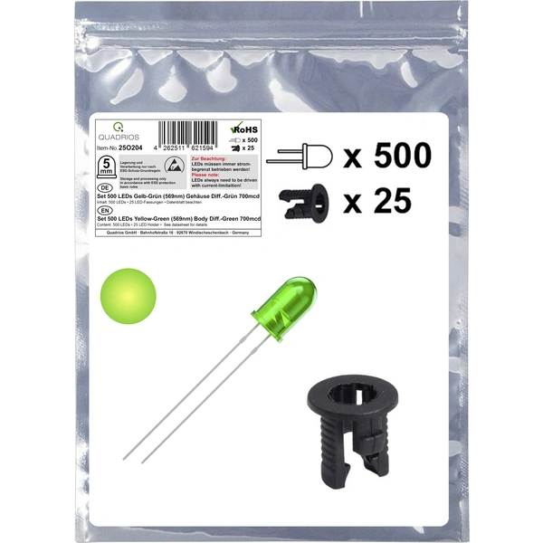 Quadrios 25O204 Assortiment de LEDs jaune-vert rond 5 mm 700 mcd 20 mA 2.0 V Quadrios 25O204 Assortiment de LEDs jaune-vert rond 5 mm 700 mcd 20 mA 2.0 V
