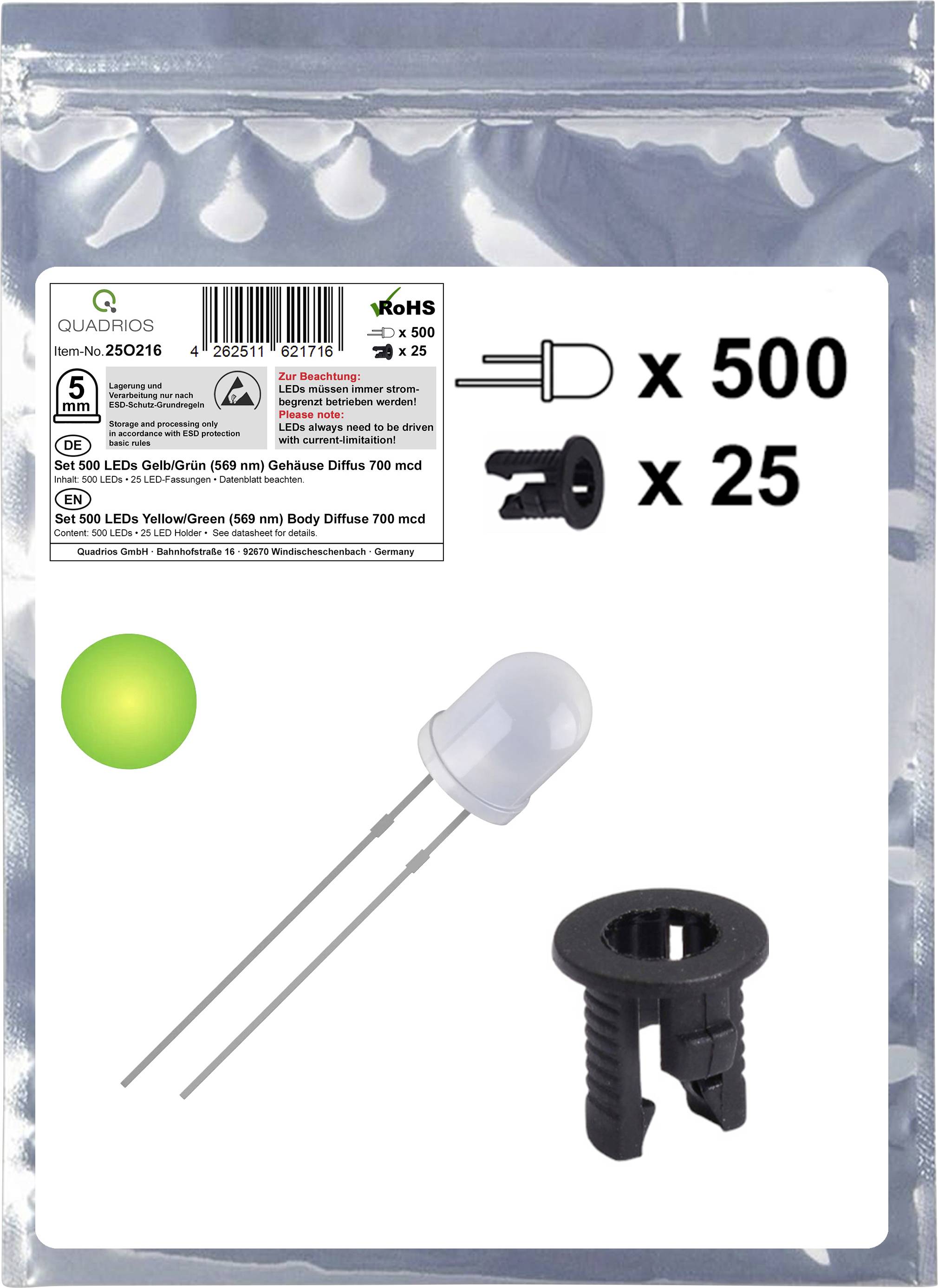 Colis contenant 500 ampoules LED vertes et 25 supports LED noirs.