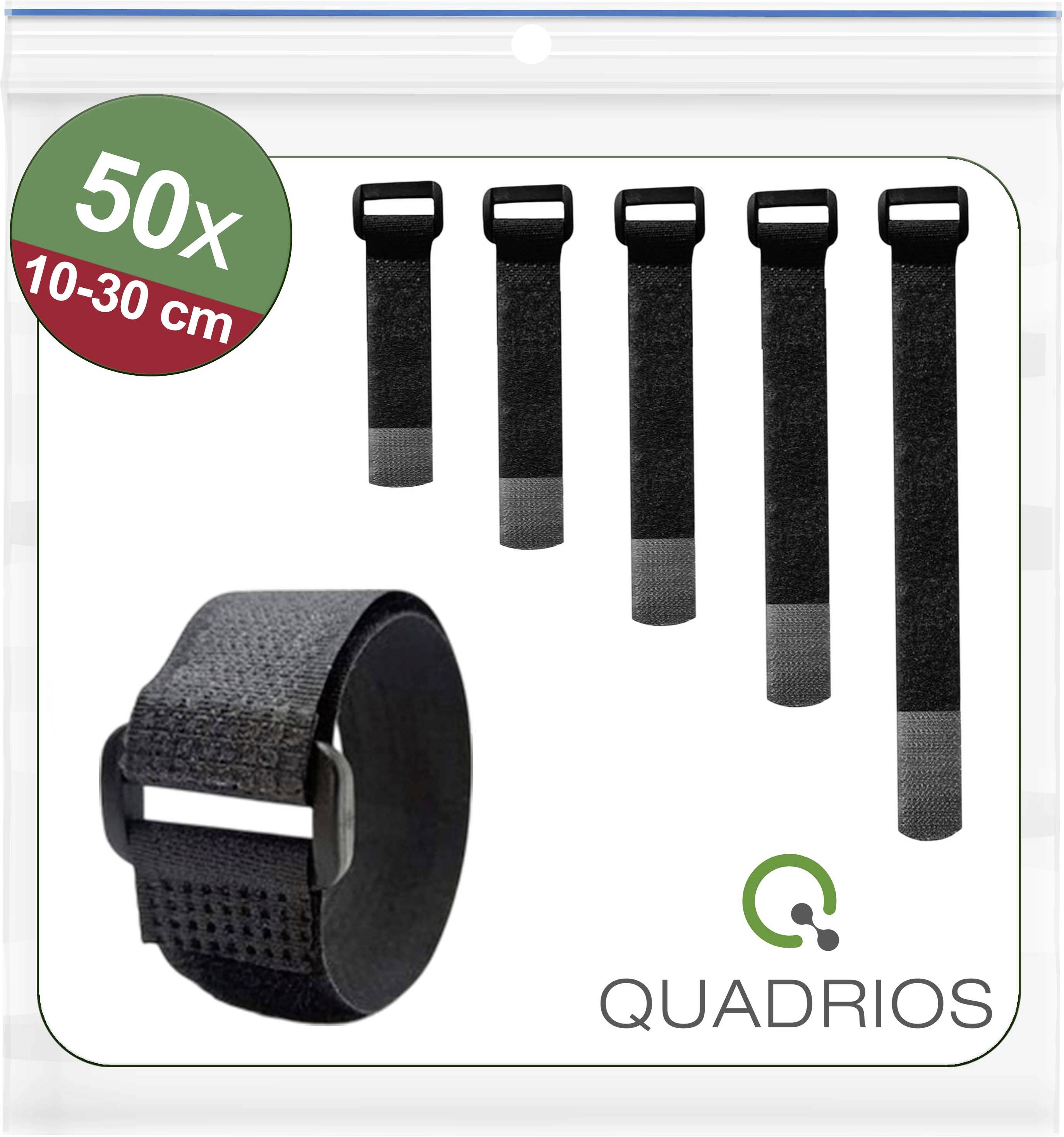 Lot de 50 attaches de câbles ajustables noires de marque 'Quadrios', de longueur 10-30 cm, présentées déballées et en cours d'utilisation pour la fixation de câbles.