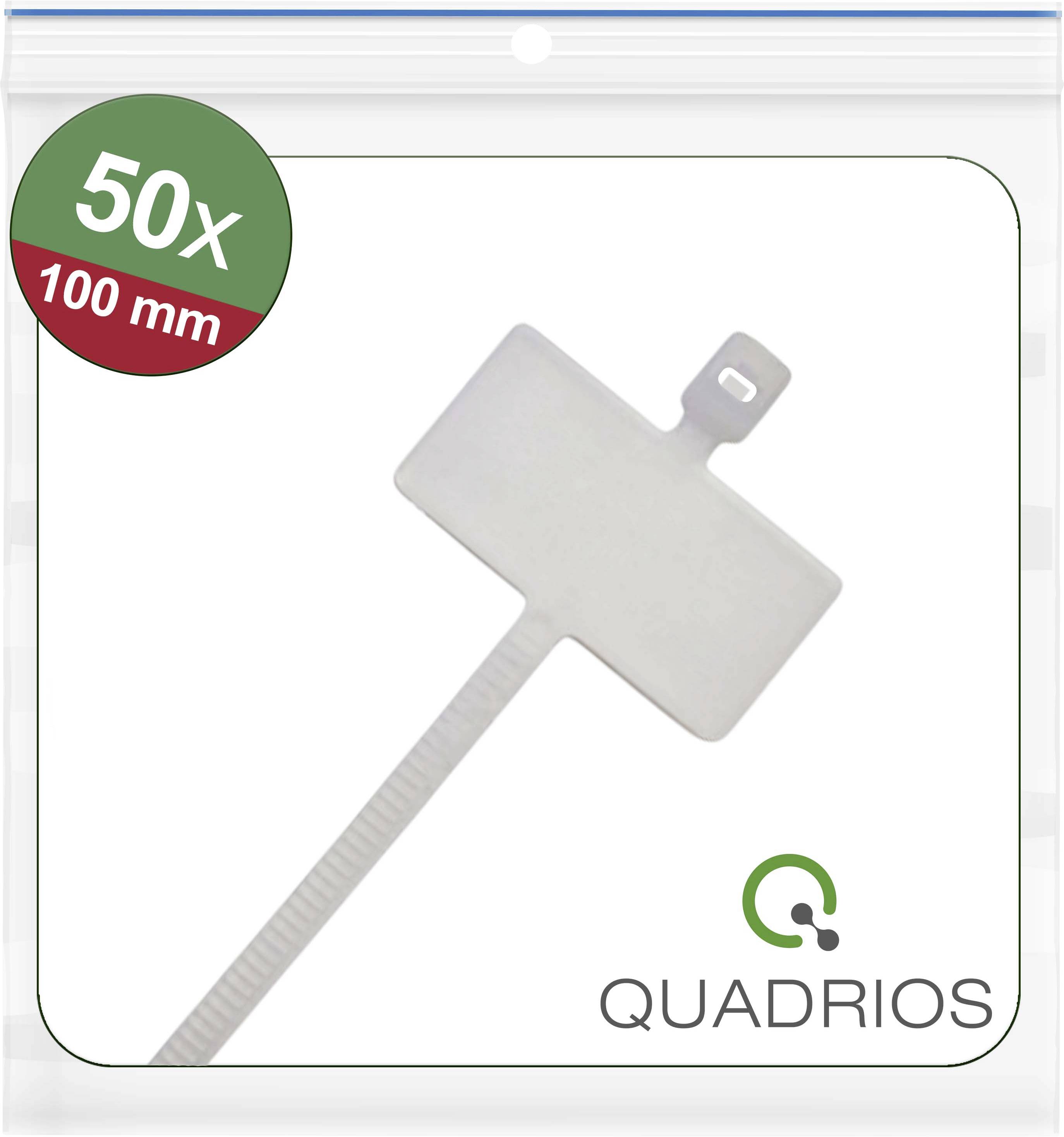 Lot de 50 colliers de câblage blancs avec étiquette, longueur 100 mm, marque QUADRIOS, présentés dans un emballage transparent. Adaptés pour l'organisation des câbles.
