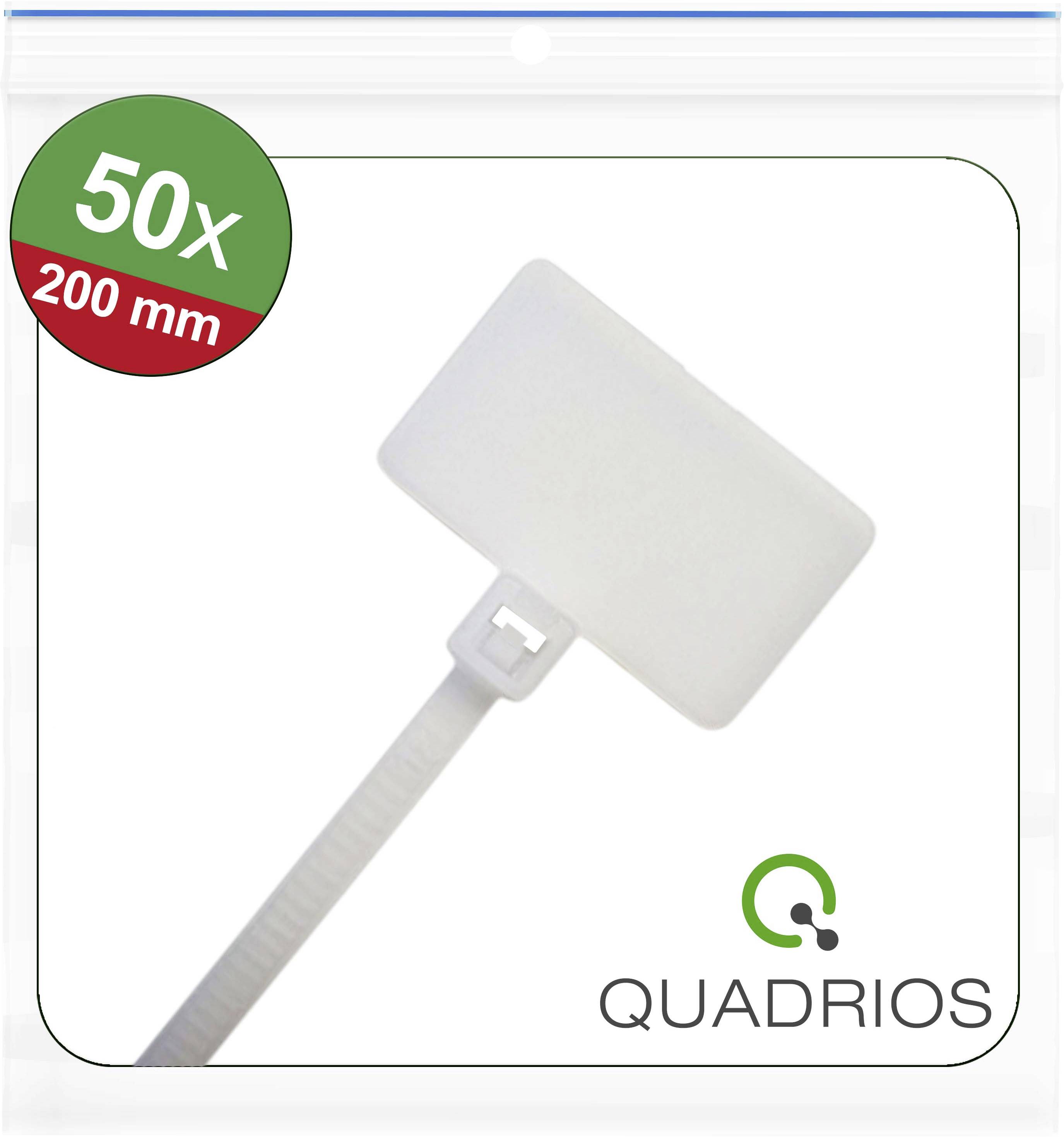 Attaches-câbles de la marque 'Quadrios', longueur 200 mm, lot de 50, avec une zone d'étiquetage rectangulaire. L'emballage présente une image détaillée d'un attache-câble.