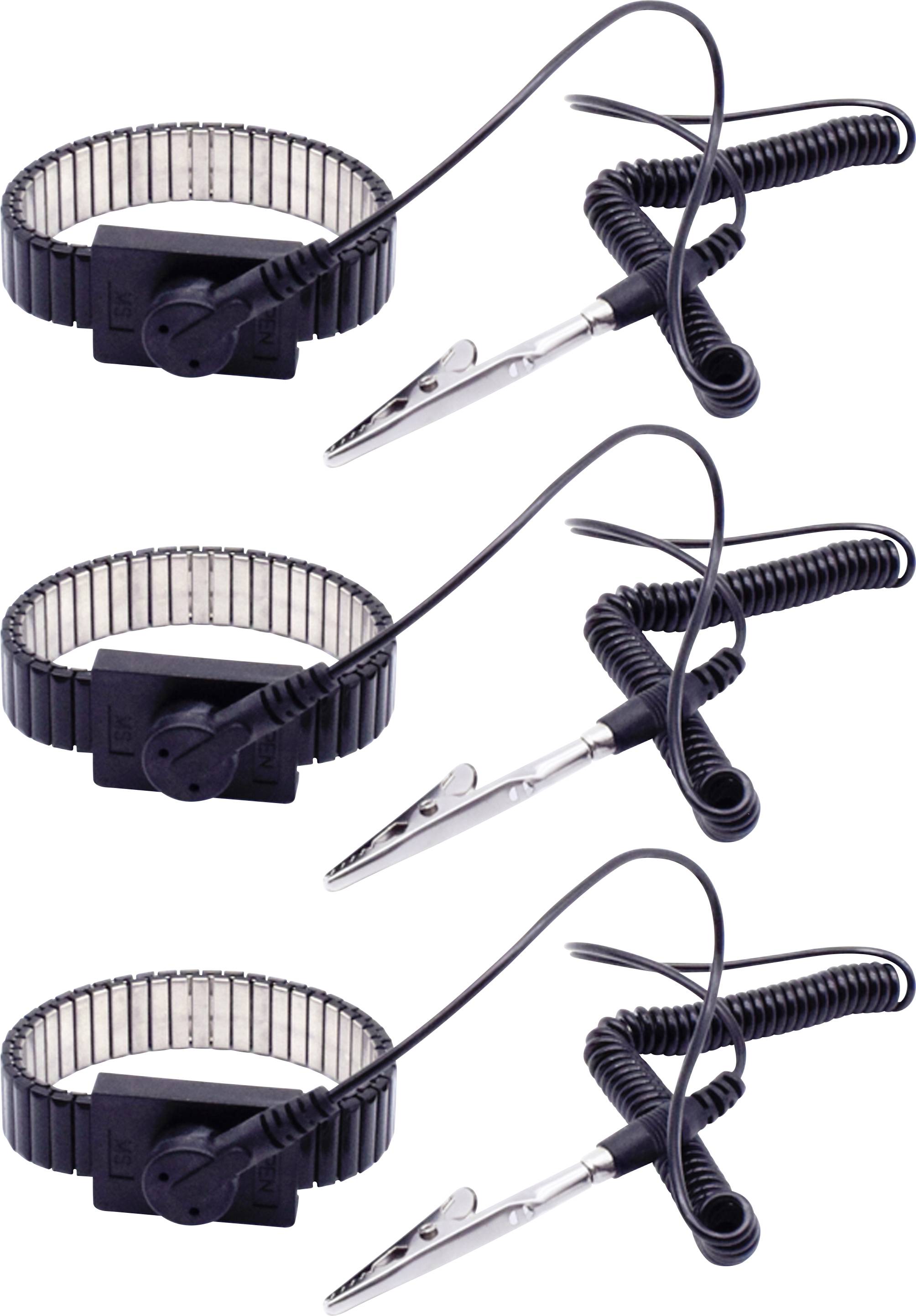 Trois bracelets antistatiques noirs avec câbles spiralés et pinces. Chaque bracelet est similaire, utilisé pour prévenir les décharges électrostatiques lors de travaux électroniques.