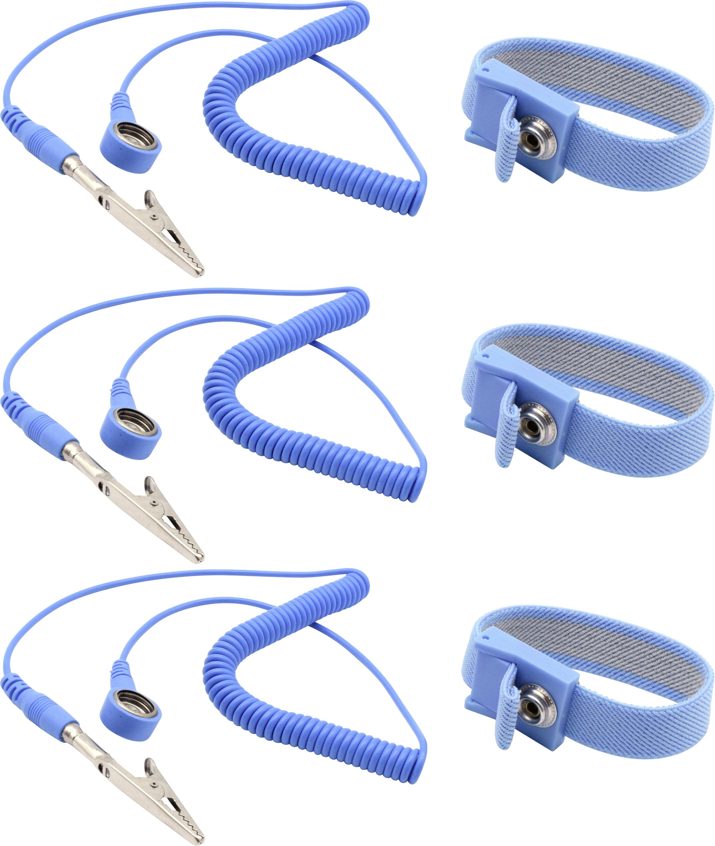 Trois ensembles de bracelets antistatiques bleus disposés en rangées, chacun équipé d'un cordon enroulé, d'un clip crocodile et d'une sangle réglable.