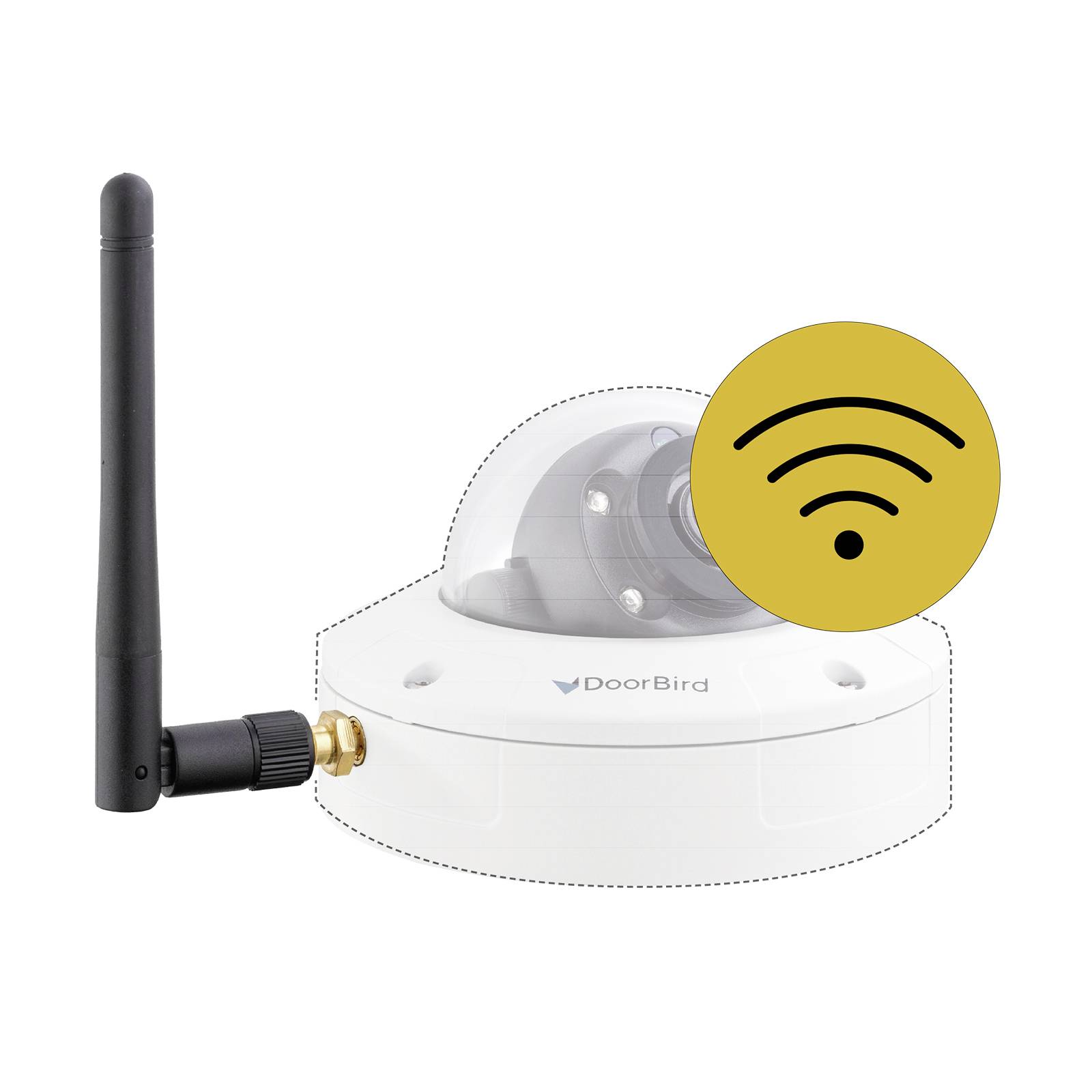 « Une caméra de sécurité sans fil avec antenne de DoorBird. »