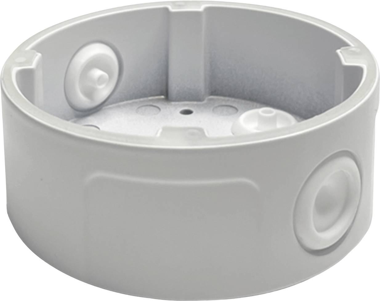 Un boîtier de jonction rond en plastique gris, doté d'ouvertures latérales et d'une surface de montage interne, utilisé pour organiser les connexions électriques.