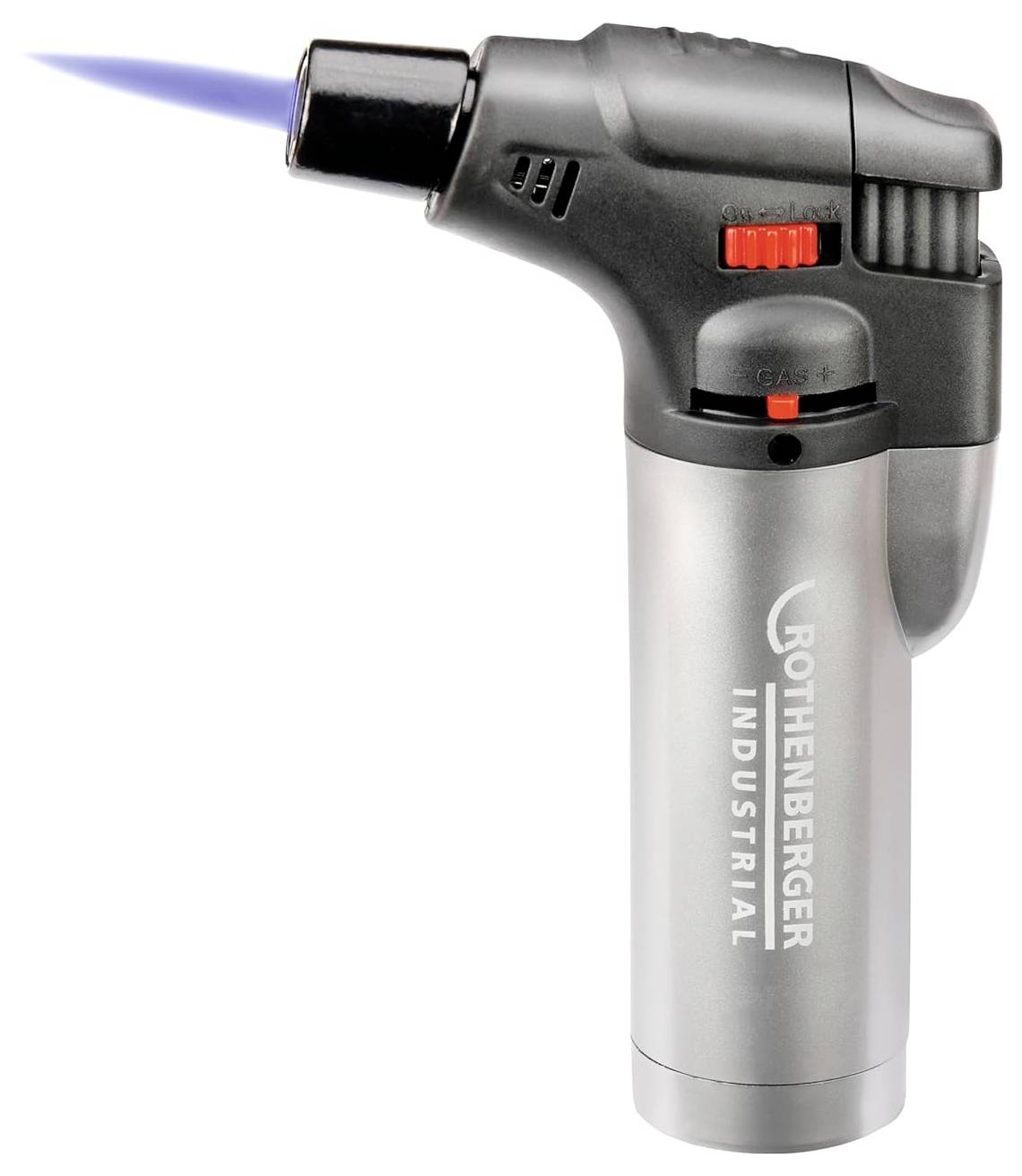 Eine silberne und schwarze Handfackel mit blauer Flamme, beschriftet mit 'Rothenberger Industrial.'