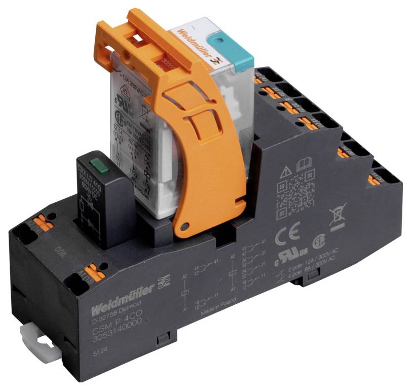 Module relais Weidmüller avec levier orange et différents points de connexion, illustrant des composants de commande électrique.
