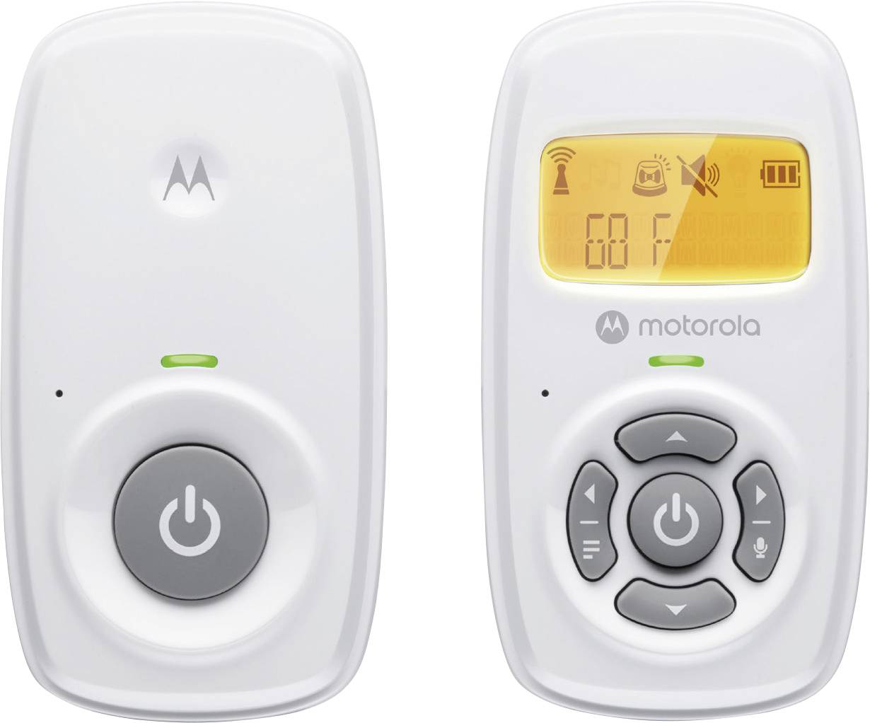 Deux unités de babyphone blanches sont présentées. L'une affiche « 68 °F » sur un écran orange avec des boutons de contrôle en dessous.
