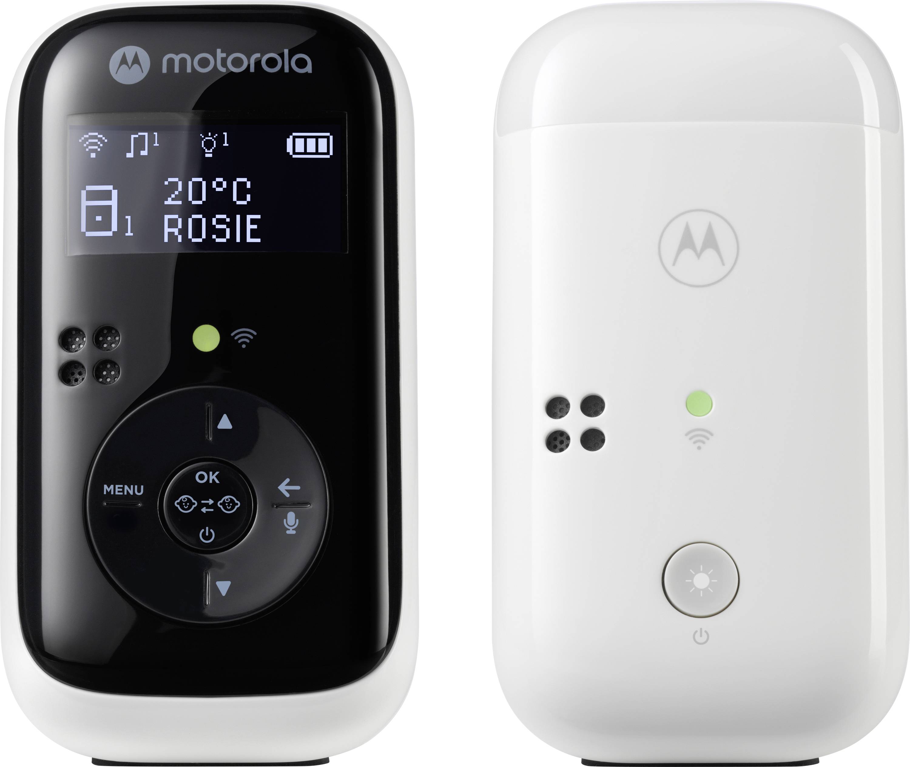 Système de babyphone numérique affichant la température '20°C' et le nom 'ROSIE' avec des boutons de commande sur l'appareil de gauche et une unité compagne blanche sur la droite.