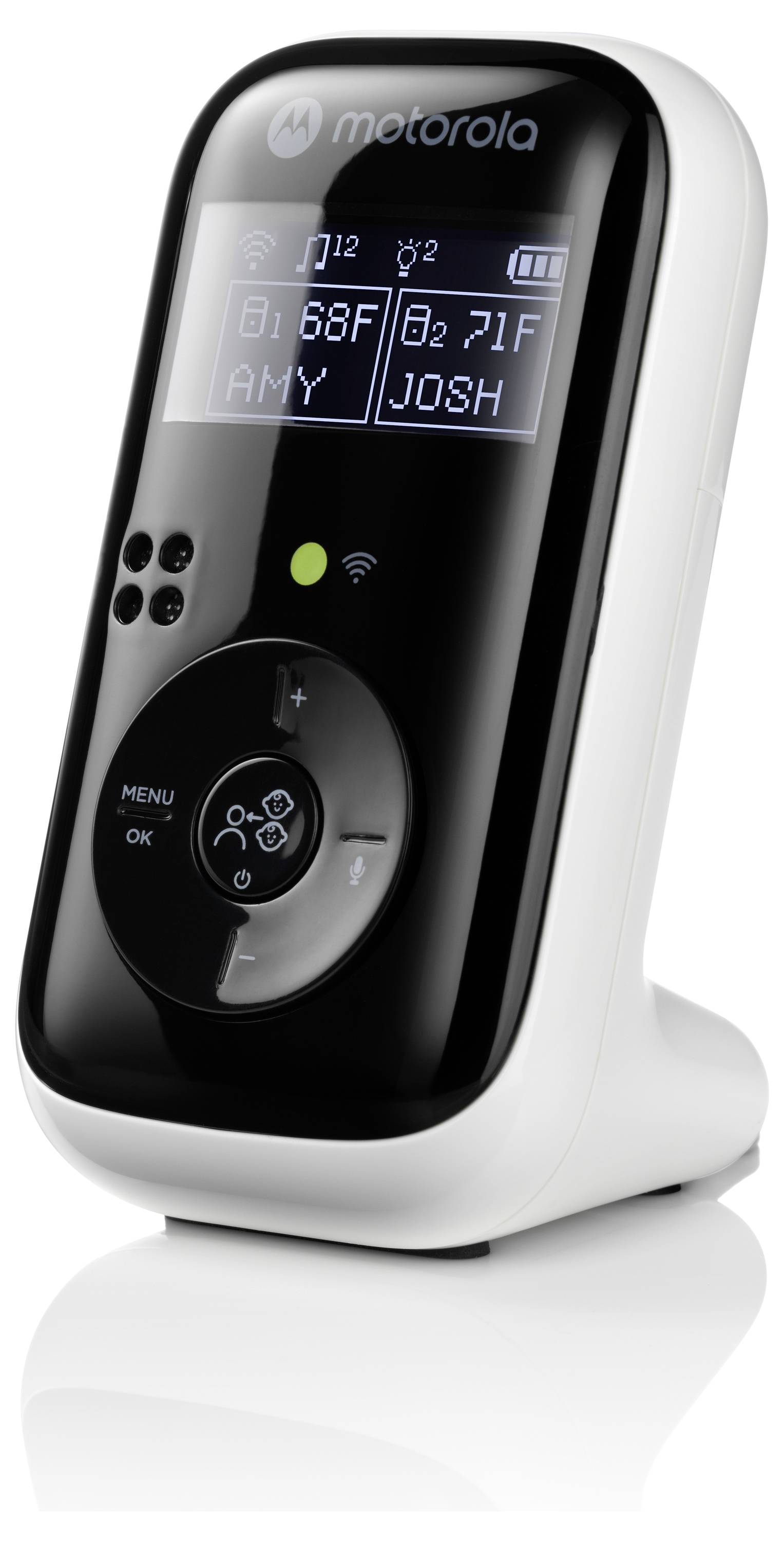 Écran de babyphone numérique affichant les températures ambiantes de 20°C pour 'Amy' et 22°C pour 'Josh'. Menu des fonctionnalités et boutons de contrôle.