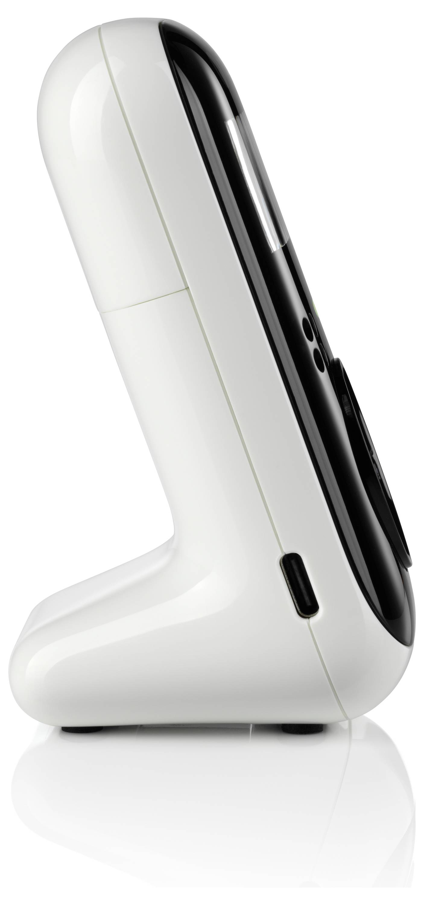 Vue latérale d'un téléphone sans fil moderne blanc et noir, posé verticalement sur sa base, mettant en valeur un design épuré et son port de charge.