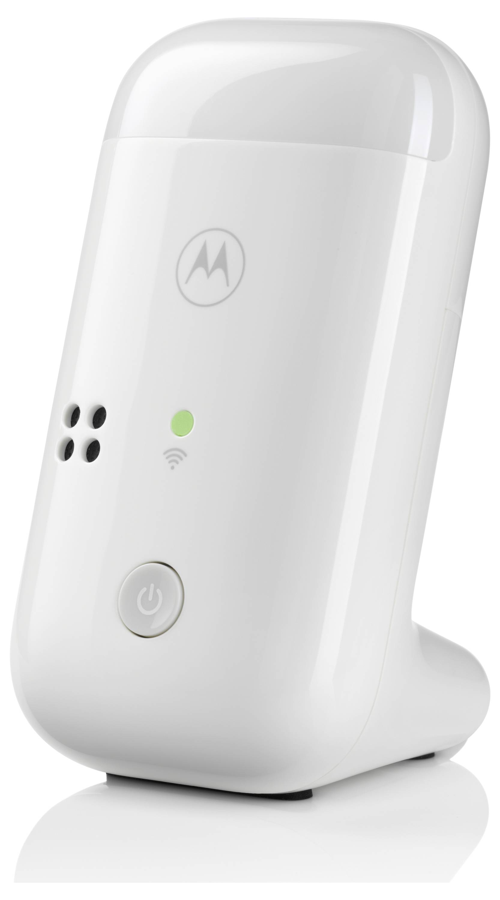 Appareil électronique blanc avec logo Motorola, bouton marche/arrêt et voyants lumineux, conçu pour une utilisation domestique, posé verticalement sur une surface plane.