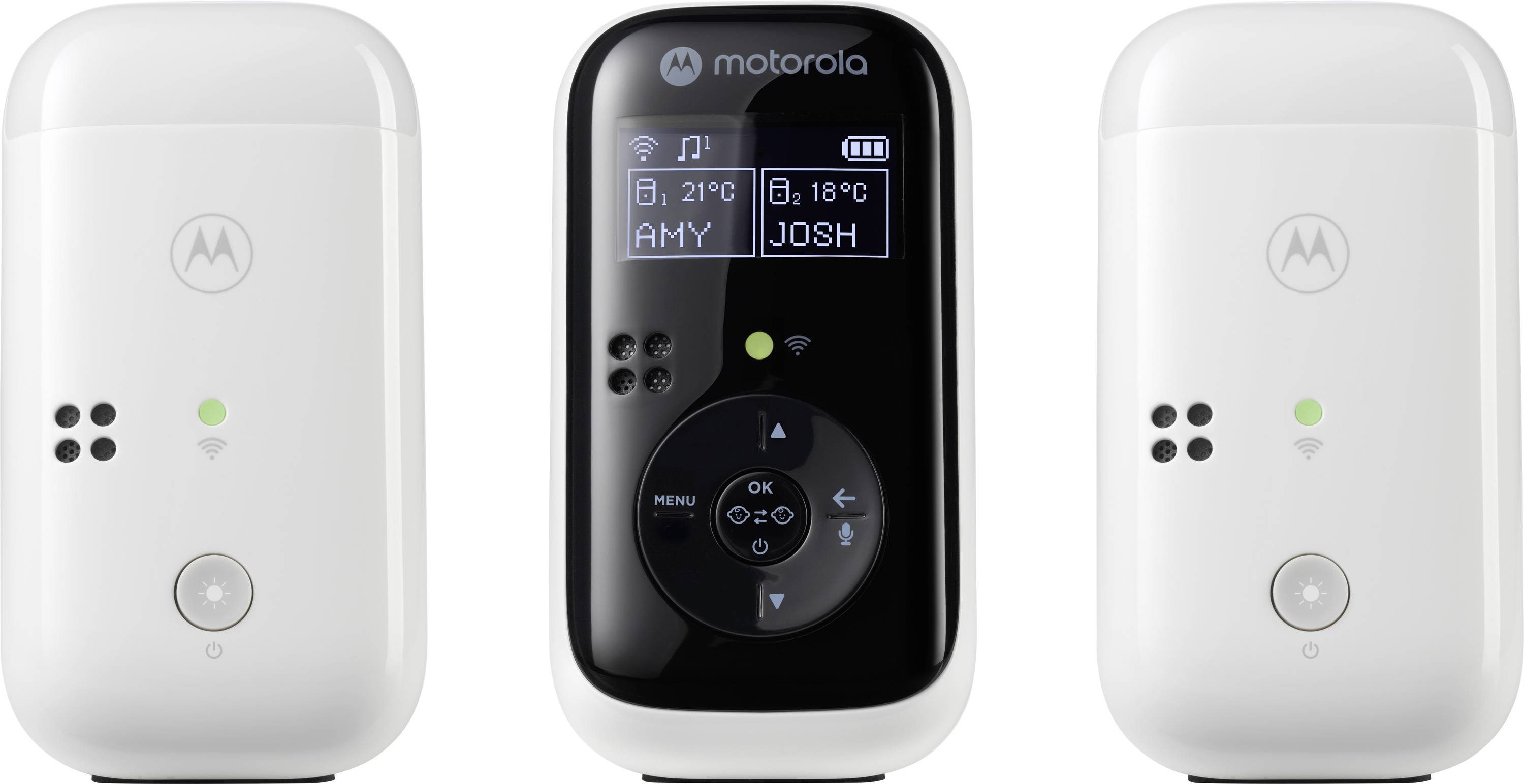 Un ensemble de trois appareils domestiques Motorola, avec l'appareil central affichant la connectivité Wi-Fi et les températures des pièces pour 'Amy' à 21°C et 'Josh' à 18°C.