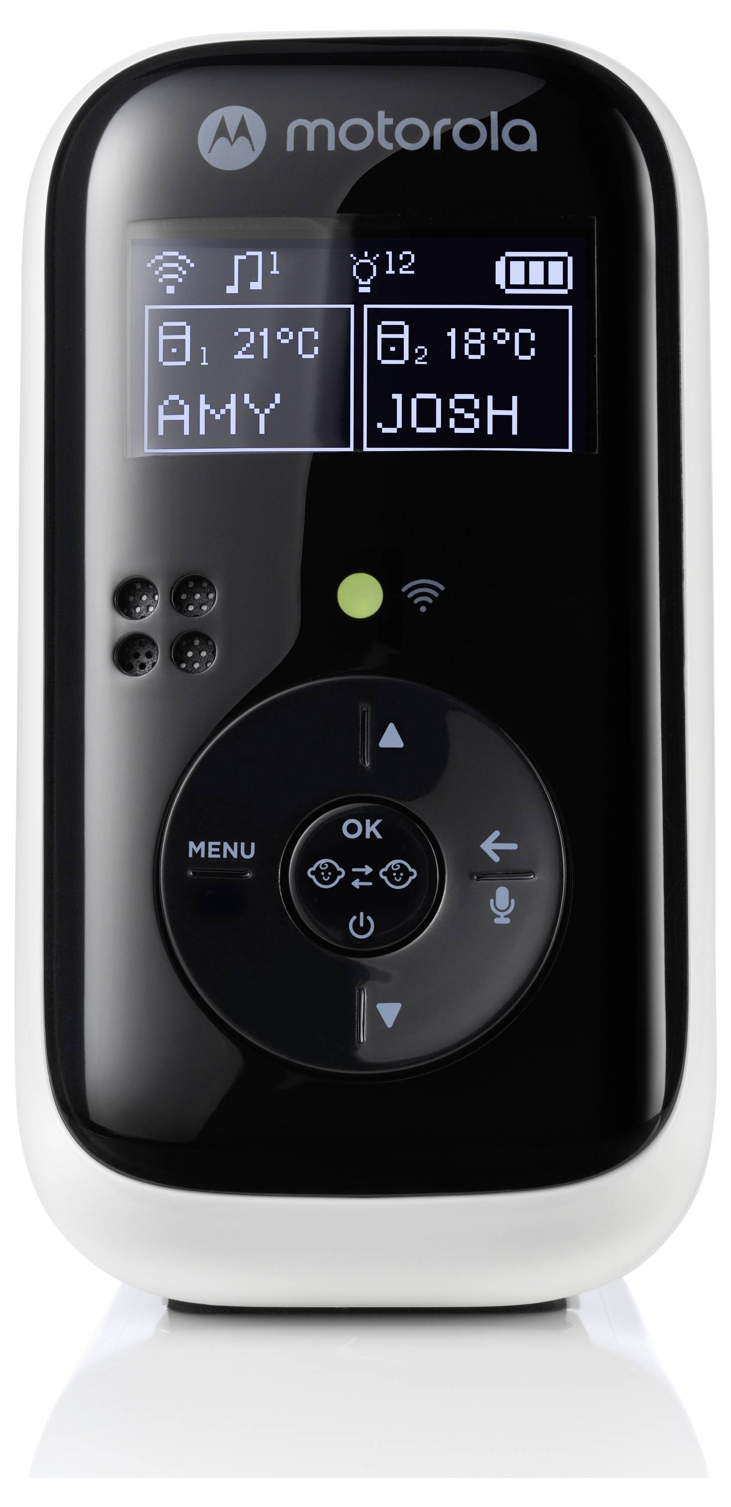 Un écran de babyphone affiche 'AMY' avec 21°C et 'JOSH' avec 18°C. Des icônes indiquent la connexion, le niveau de batterie et les paramètres de volume.