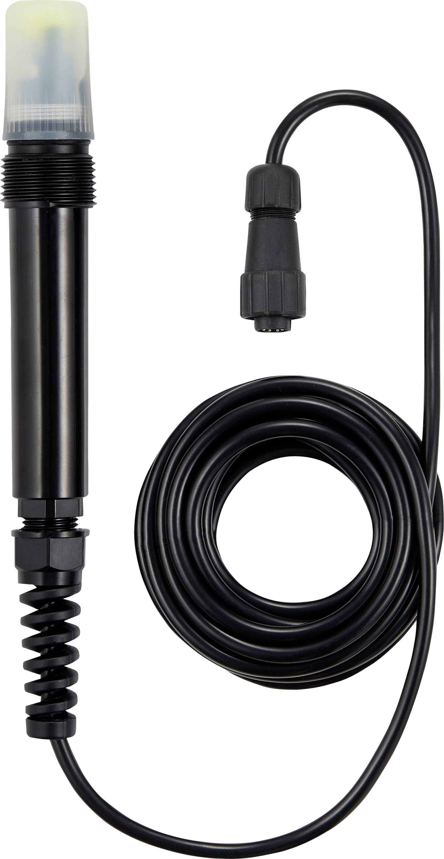 Une sonde de capteur de pH noir avec un câble enroulé, utilisée pour mesurer l'acidité ou l'alcalinité des liquides.