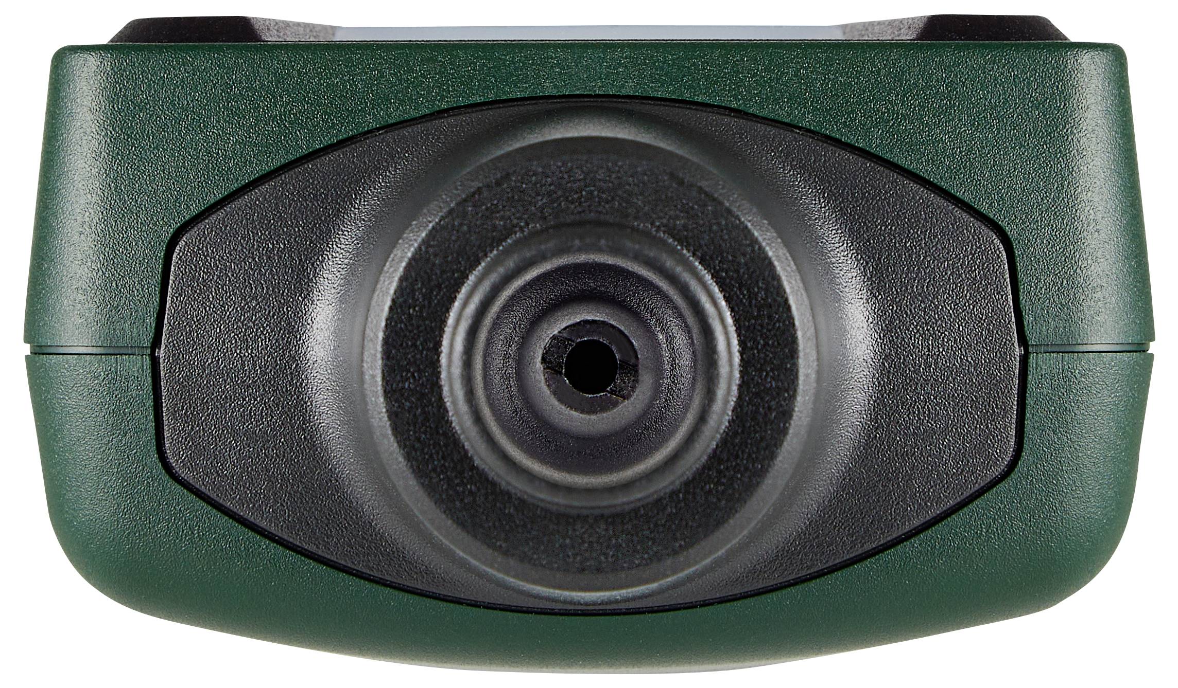 Gros plan sur un objectif d'appareil photo numérique orienté directement vers le spectateur, avec un boîtier extérieur vert et noir.