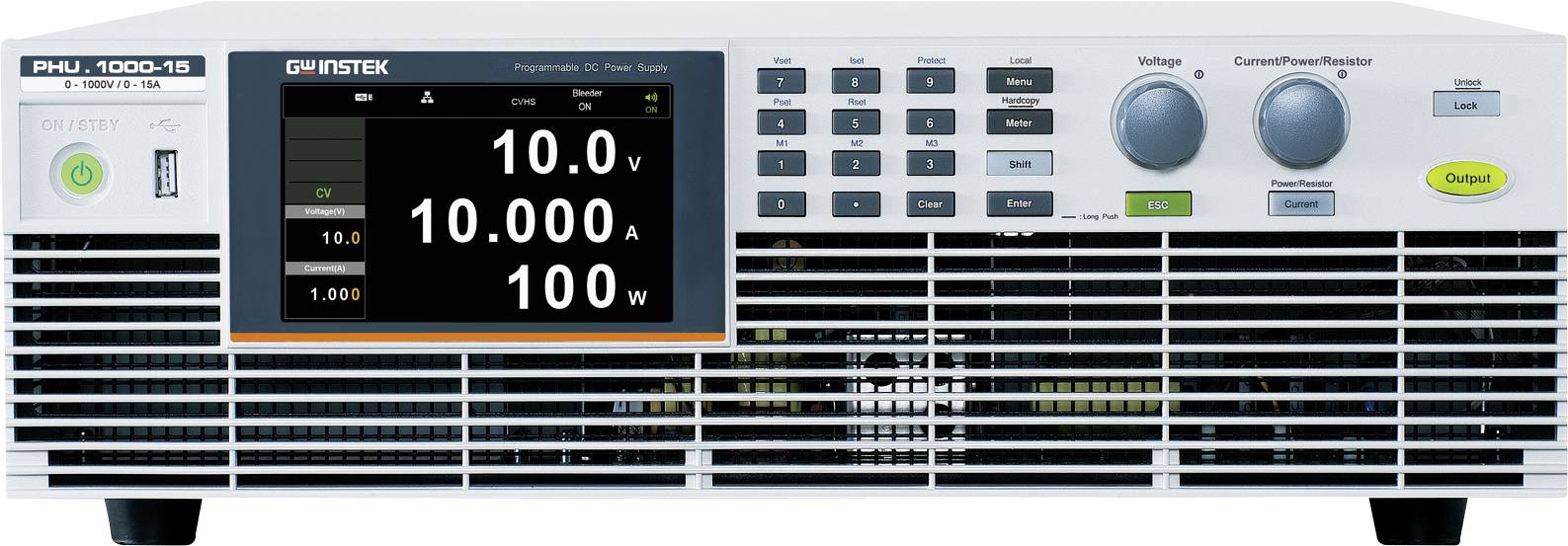 Un dispositif de charge CC programmable affichant '10,0V', '10,000A', '100W' sur l'écran, avec des boutons de commande et des molettes sur la droite.
