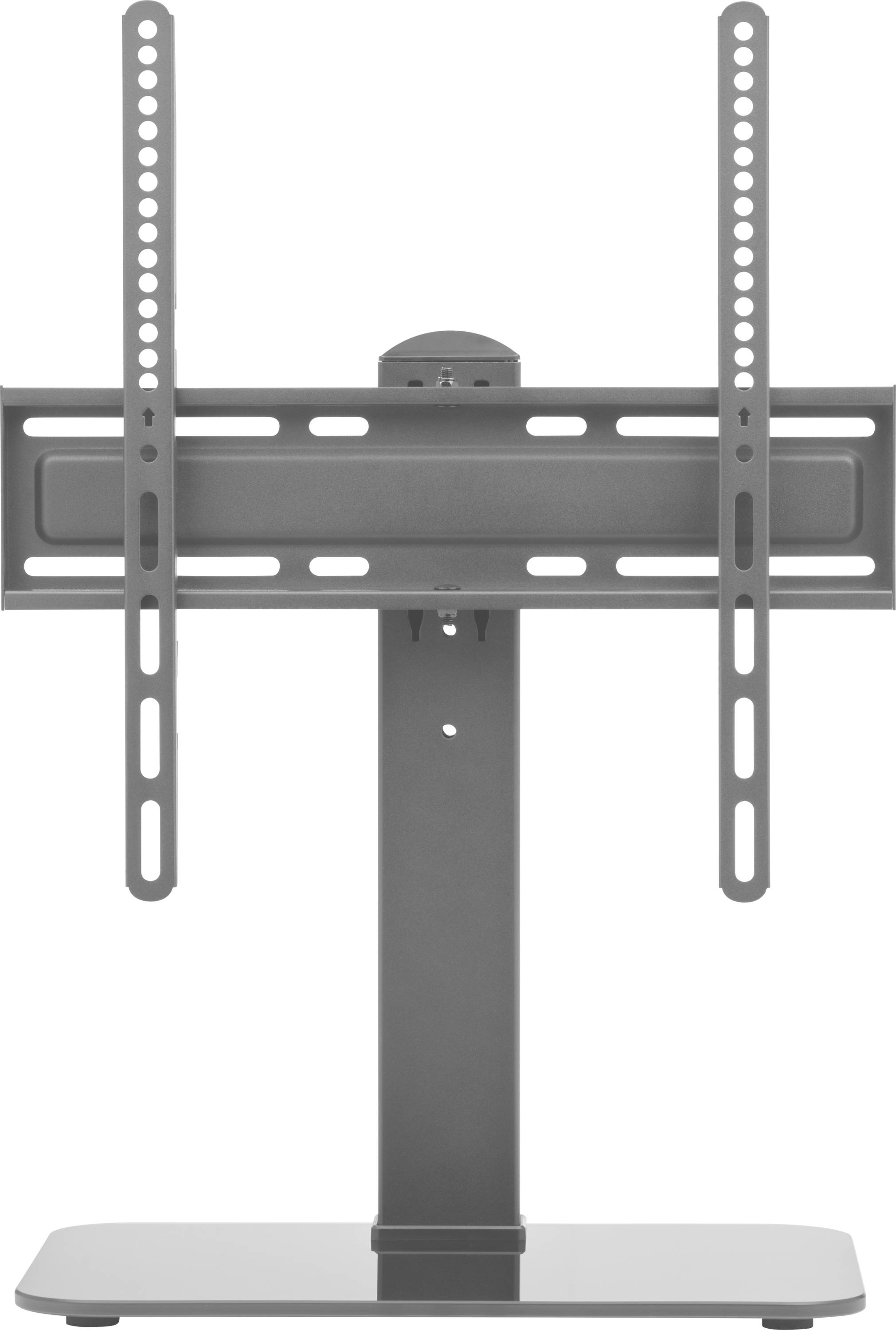 Un support de téléviseur à écran plat avec bras ajustables, conçu pour un placement sur table, présenté en position verticale sur un fond blanc.