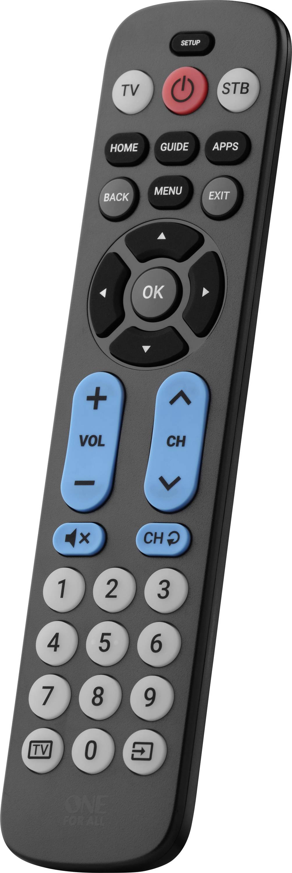 Une télécommande noire avec des boutons pour la mise en marche, le volume, les chaînes, l'accueil, le guide, les applications, le menu et les chiffres. Boutons de volume et de chaînes en bleu.