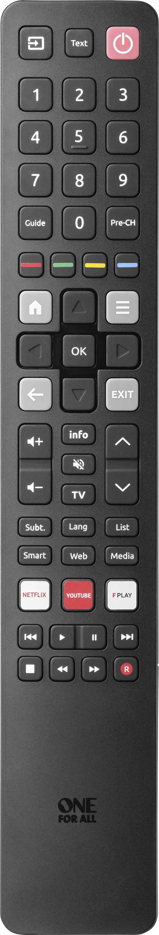 Une télécommande noire avec divers boutons pour la mise en marche, le volume, les chaînes et la navigation. Le bouton le plus en évidence est rouge et porte le symbole de mise en marche.