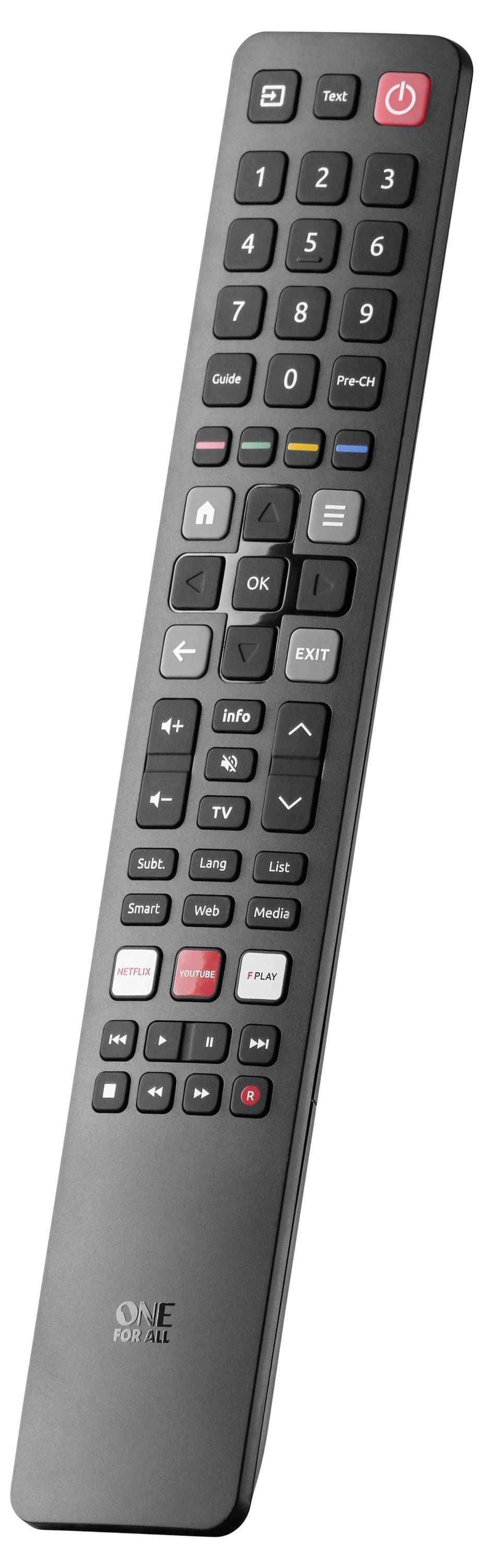 Une télécommande universelle noire avec de nombreux boutons, comprenant un bouton marche/arrêt, un pavé numérique, des commandes de volume et de chaînes.