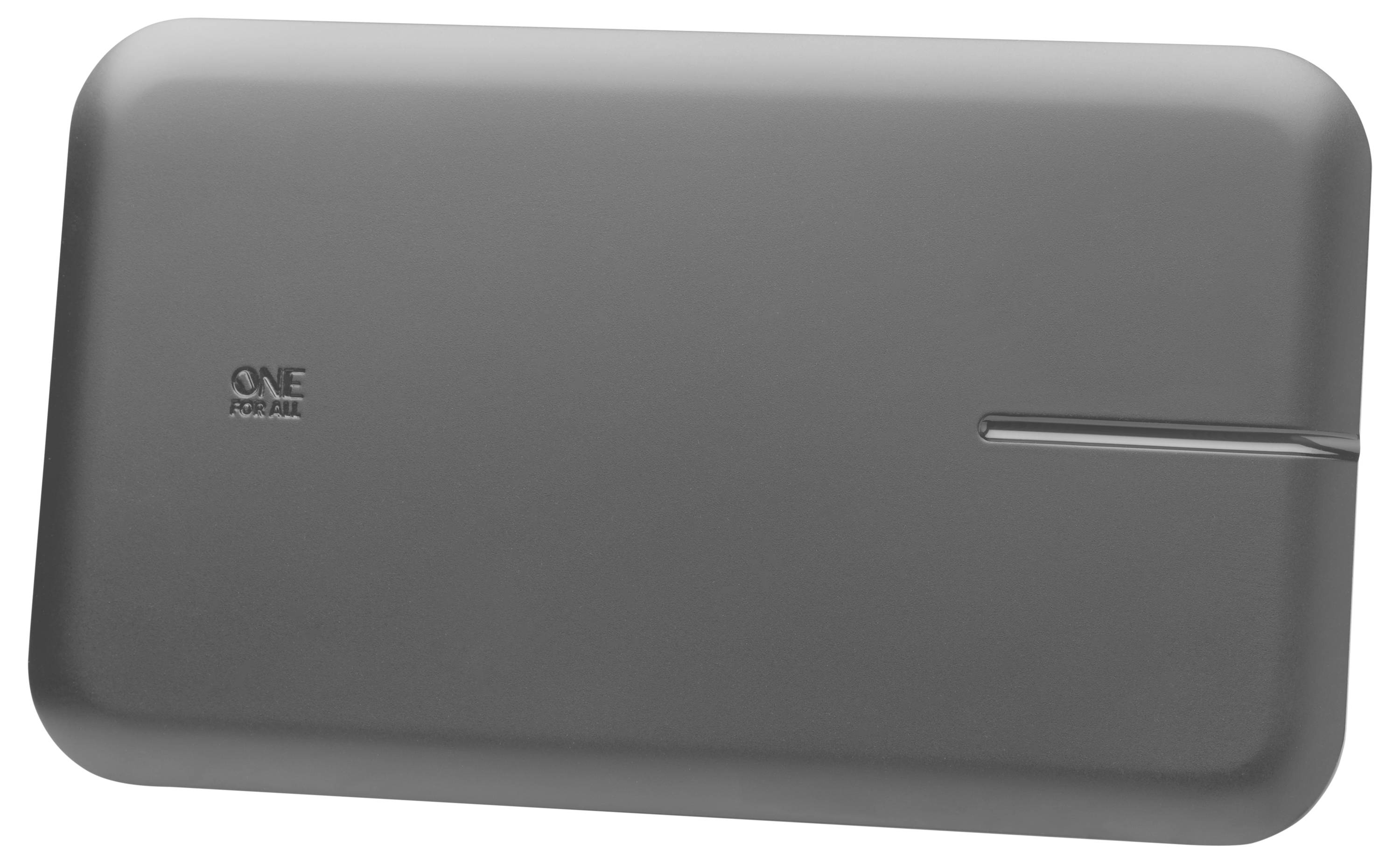 Un dispositif électronique rectangulaire noir, probablement une antenne de télévision, avec une ligne diagonale unique sur le côté droit et un petit logo sur le côté gauche.