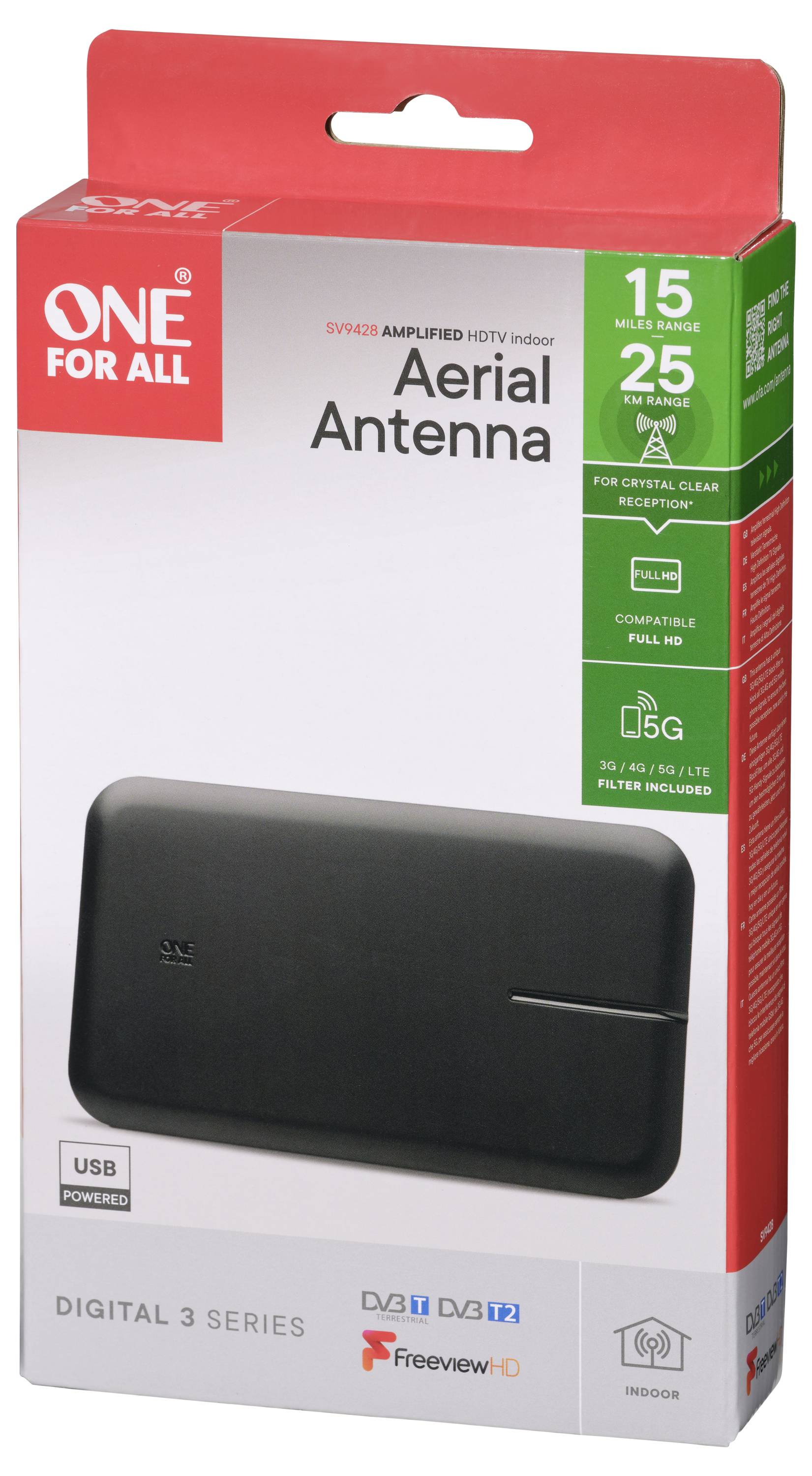 Antenne intérieure pour téléviseur HD, comprenant une antenne amplifiée pour une réception améliorée, compatible avec les normes DVB-T et DVB-T2, alimentée par USB, avec une portée de 15 miles.