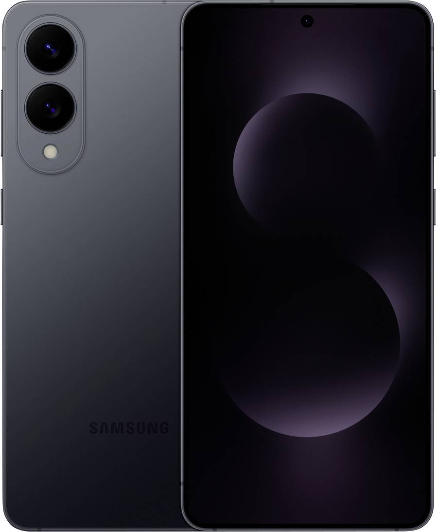 Un smartphone noir élégant présentant sa face avant et arrière ; des doubles caméras sont visibles à l'arrière. L'écran avant affiche un design abstrait simple.