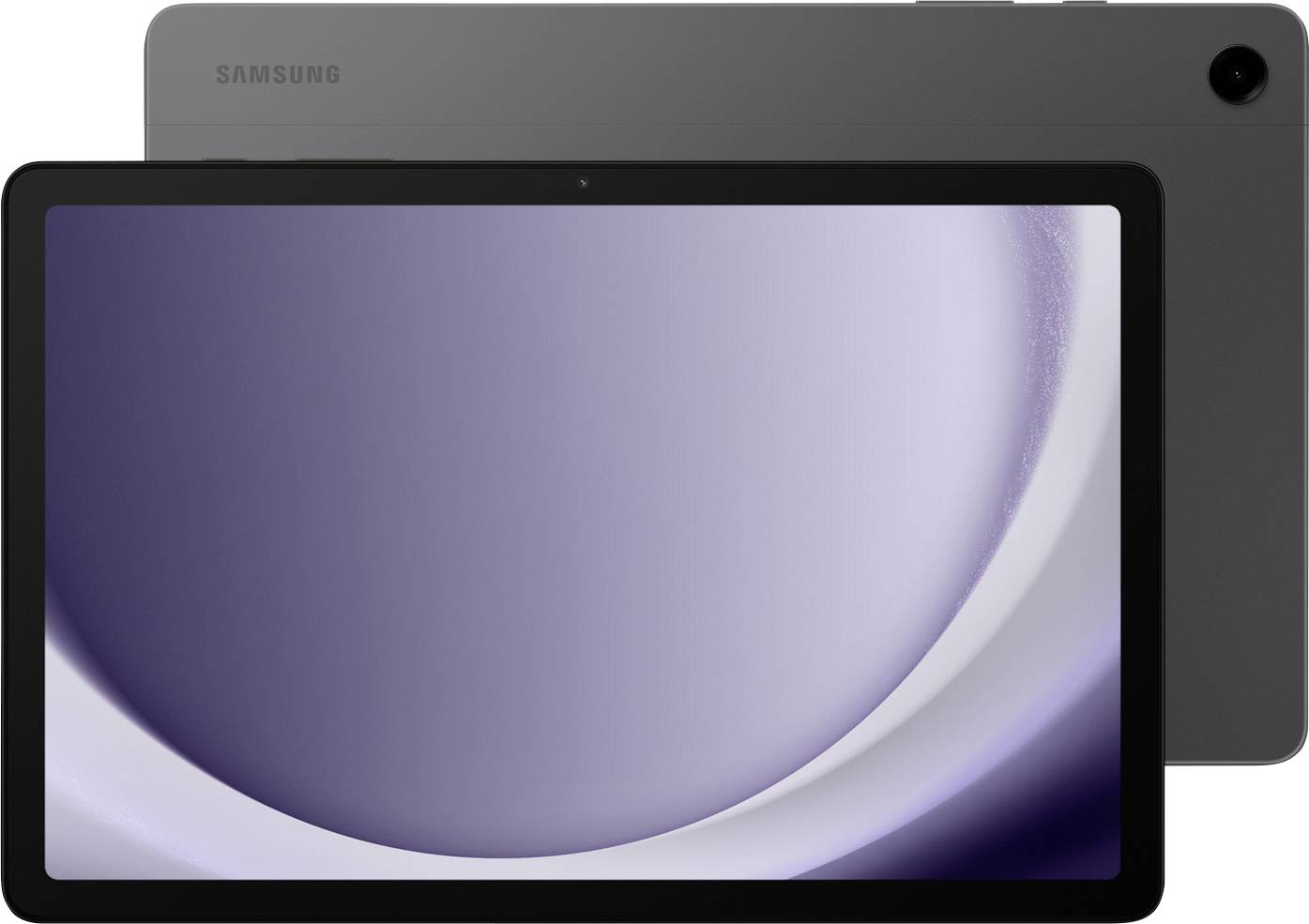 Une tablette noire affichant un design minimaliste abstrait en spirale mauve et blanche sur son écran. L'appareil est fin et dispose d'un appareil photo à l'arrière.