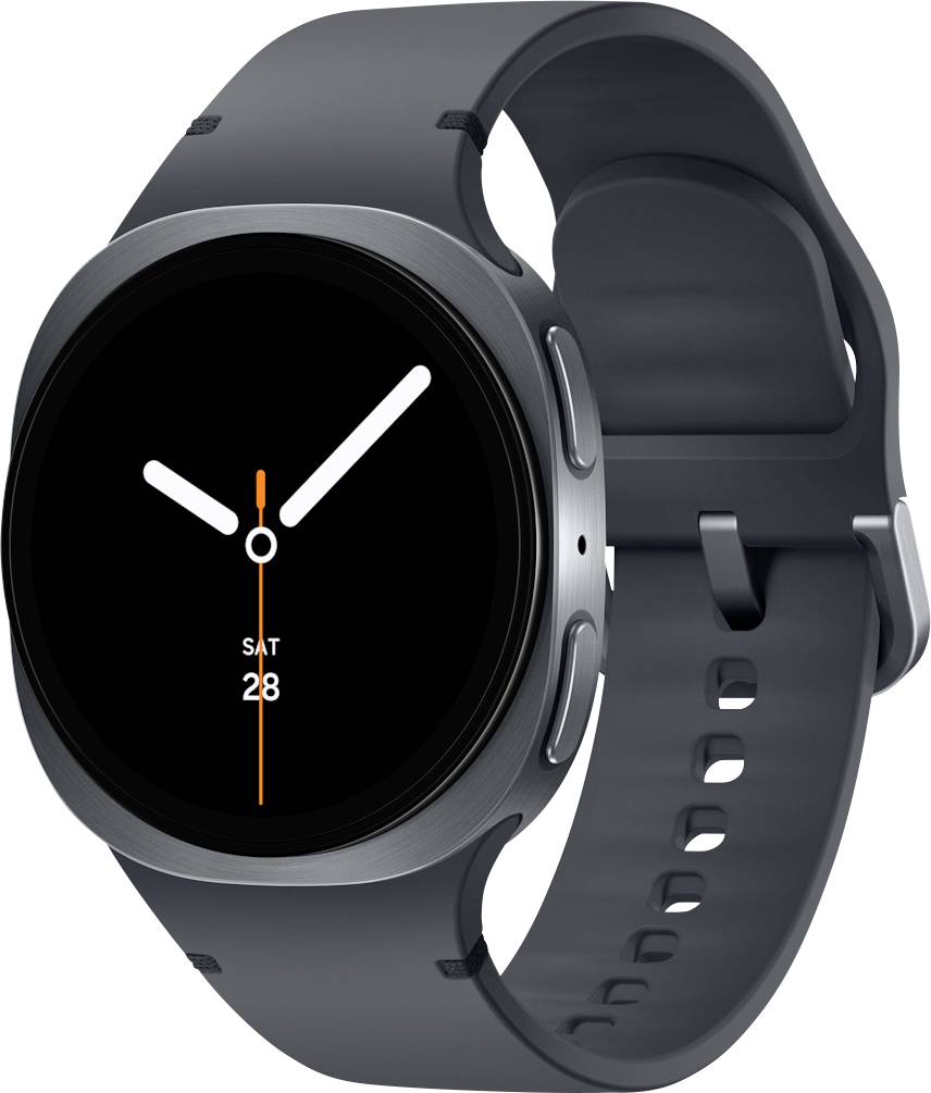 Une montre intelligente élégante, noire, avec un cadran rond affichant l'heure à l'aide de deux aiguilles minimalistes et un indicateur de date, montée sur un bracelet métallique.