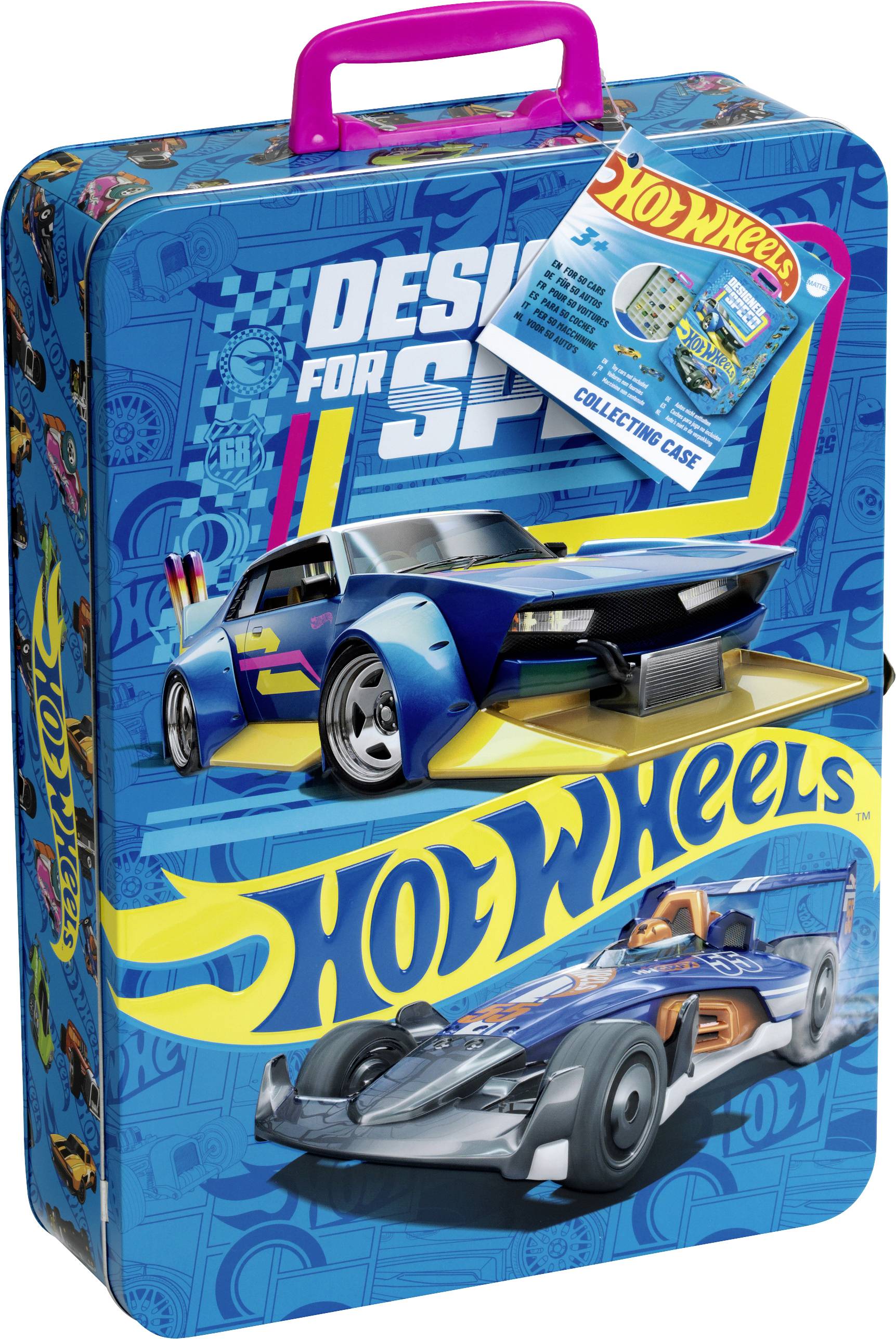 Mallette Hot Wheels avec un grand logo 'Hot Wheels', présentant des voitures de course bleues et argentées à l'avant, et une poignée rose sur le dessus.