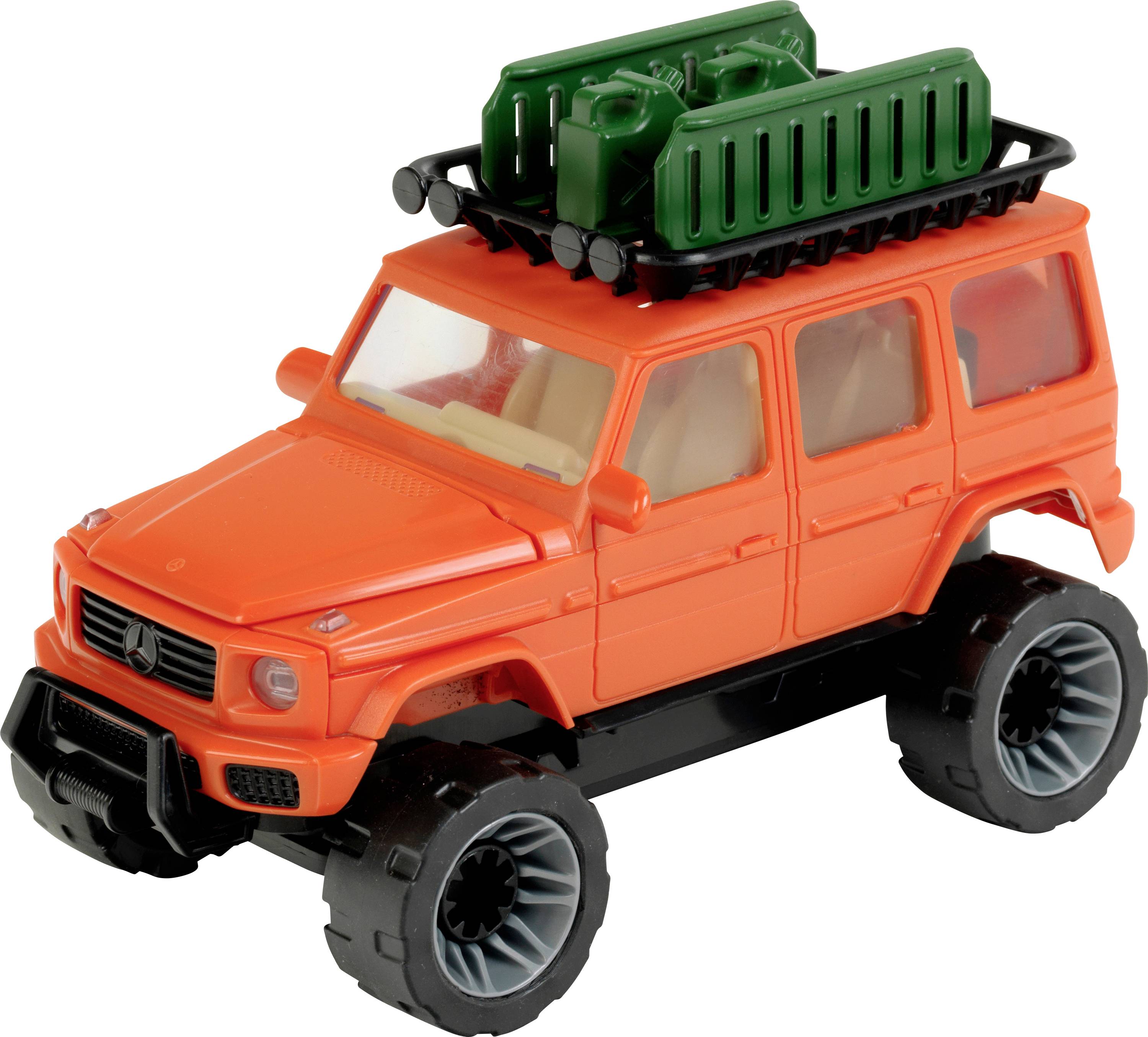 Un jouet de véhicule tout-terrain orange avec de grandes roues noires et des bidons de carburant verts sur le porte-bagages.