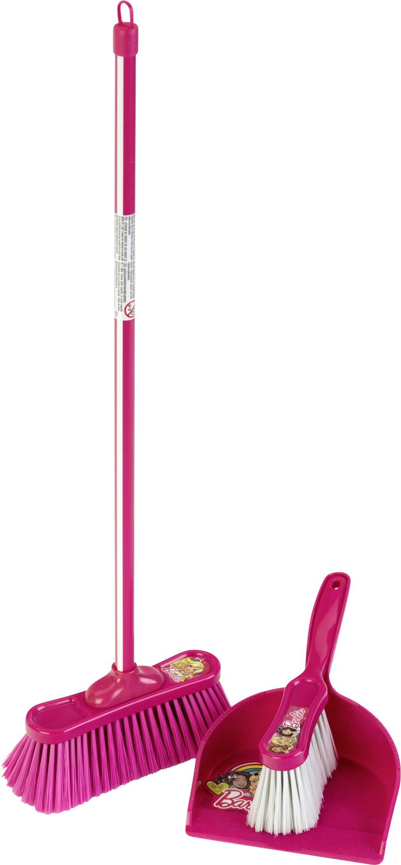 Un ensemble de balai rose comprenant un balai à long manche avec des poils et une pelle à poussière avec une brosse à main, tous de la même couleur rose.