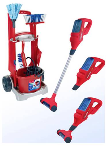 Ensemble de nettoyage avec chariot rouge, serpillière bleue, balai, seau, brosse bleue et aspirateur rouge. Trois parties d'aspirateur détachables incluses.