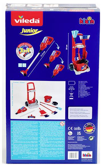 Au dos de la boîte d'un ensemble de jouets de nettoyage pour enfants, montrant le contenu : une serpillière, un balai, une pelle à poussière et un chariot de nettoyage. Comprend des instructions et des icônes de sécurité.