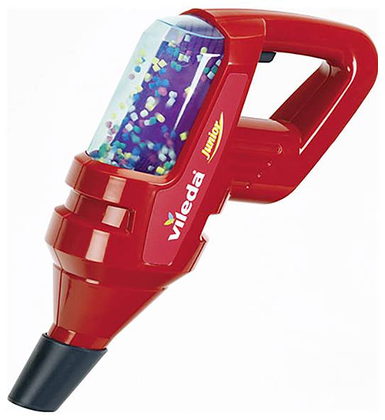 Un aspirateur jouet rouge avec une chambre transparente remplie de perles colorées, de la marque 'Vileda Junior'.