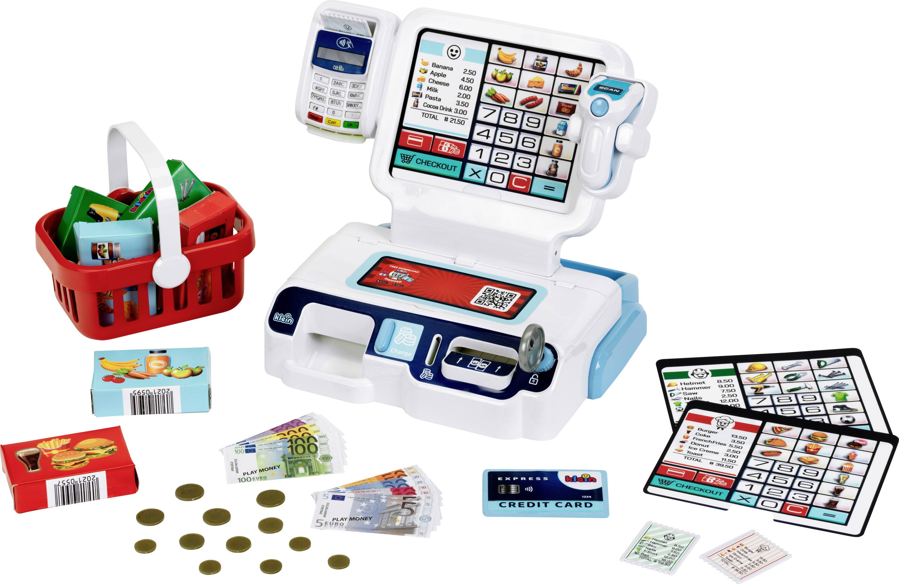 Theo Klein 7265 Caisse self-service I Scanner avec lumière & son I Display pour 3 thèmes I Panier, argent de jeu, etc. I Jouets