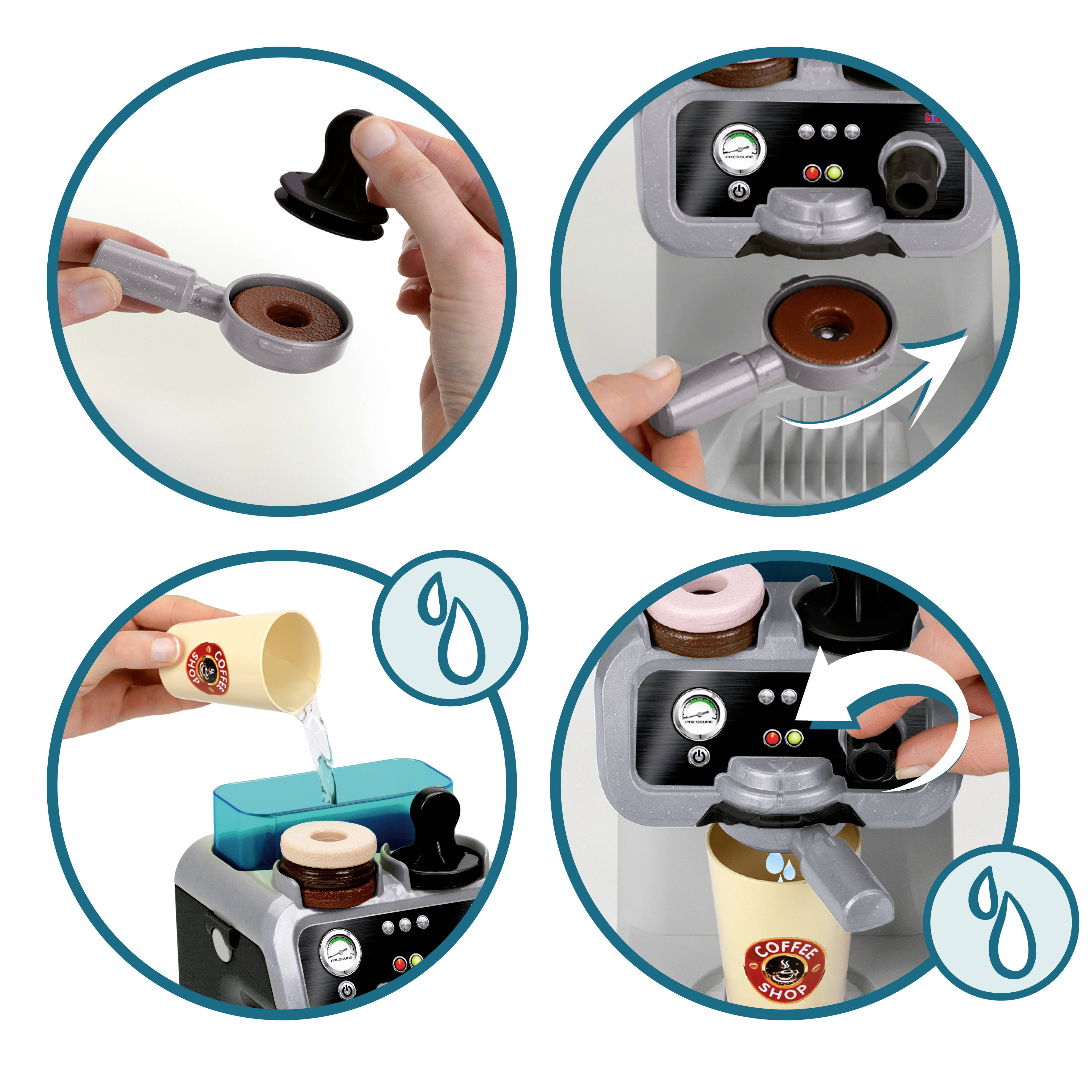 Theo Klein 9510 Barista Machine à expresso I avec réservoir d'eau et fonction de débit I Incl. Tapis à café, tampons, gobelets