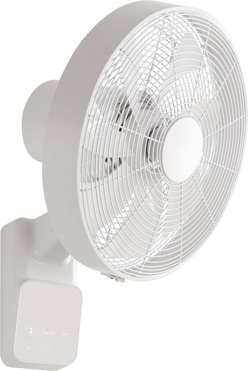 Ein weißer wandmontierter Oszillationsventilator mit drei Flügeln, ausgestattet mit einem Bedienfeld an der Basis mit Tasten für Geschwindigkeits- und Stromeinstellungen.