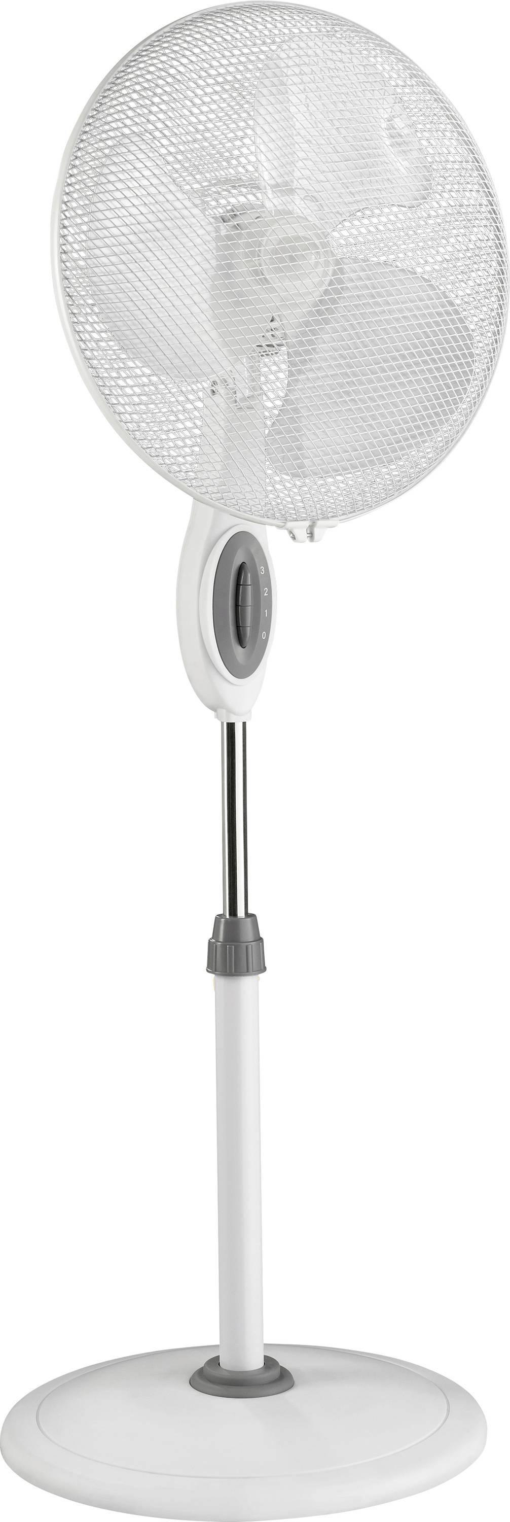 Un ventilateur sur pied blanc avec une grille de protection ronde et une hauteur réglable, adapté aux besoins de refroidissement domestique.